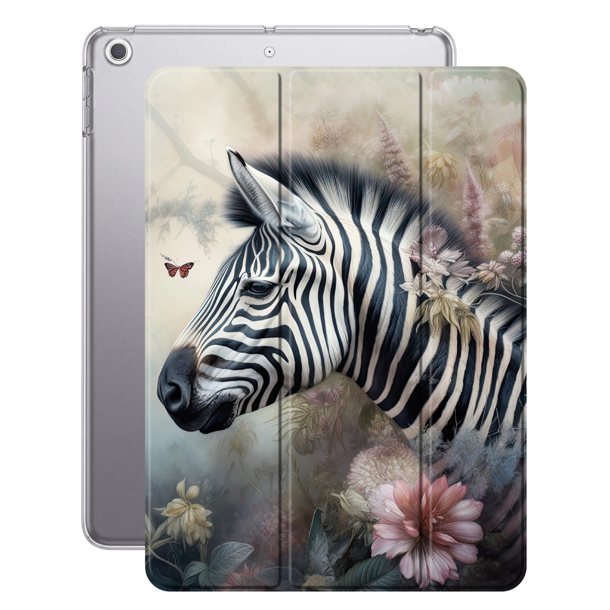 OnlyWow Tablet-Hülle Apple iPad Air 2 Zebra - Wilde Tiere - Schmetterling - Blumen, Klapphülle, Dünn, Magnetisch, Design