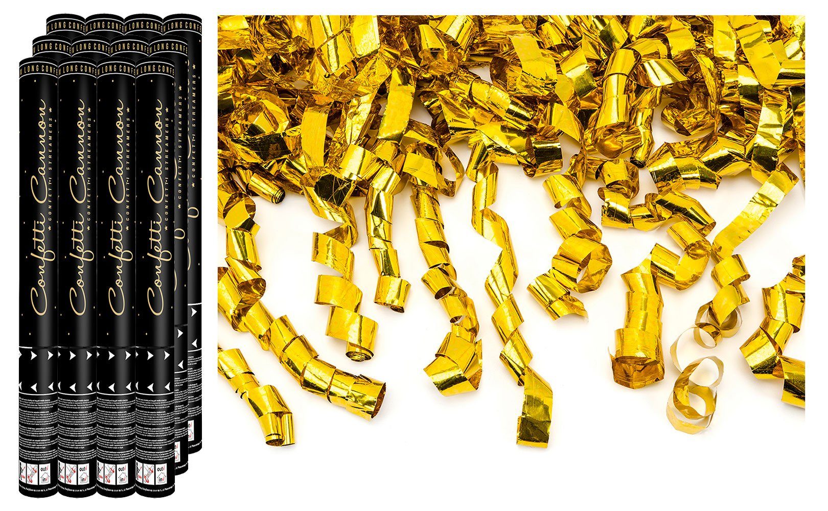 partydeco Konfetti, Konfetti Kanone mit Luftschlangen 40cm 12er Set gold