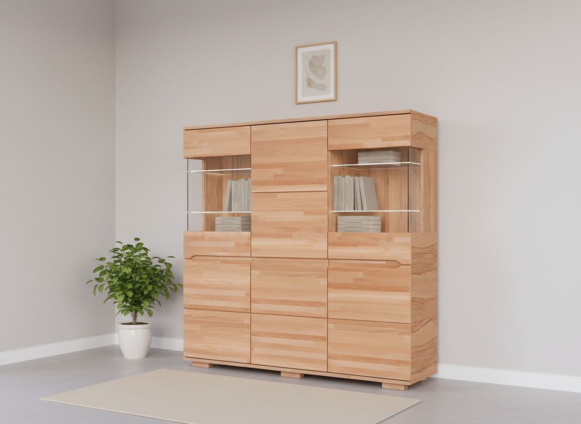 OTTO home Highboard VETRO Teilmassiv, Fronten Massivholz, Wohnzimmer, Stauraum,Griffmulde, B/T/H:150/40/1445,5cm, 15geschlossene Fächer,verstellbare Einlegeboden