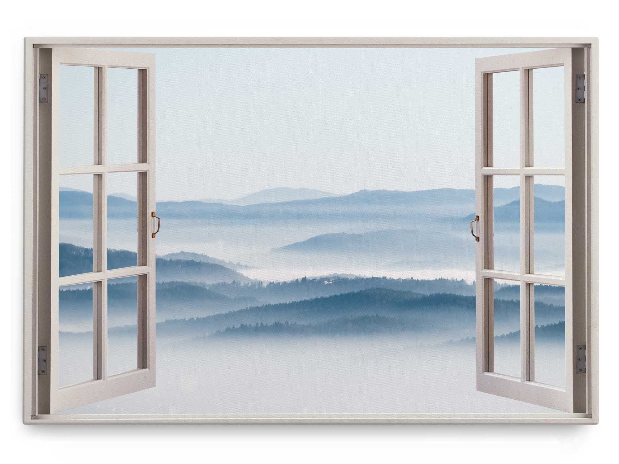 Leinwandbild Wandbild 120x80cm Fensterbild Landschaft Nebel Berge Wald Natur