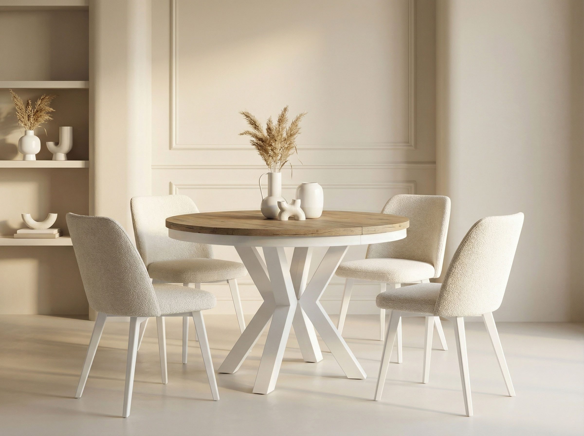 WFL GROUP Esstisch Clara White im Loft-Stil rund ausziehbar mit weißen Meta günstig online kaufen