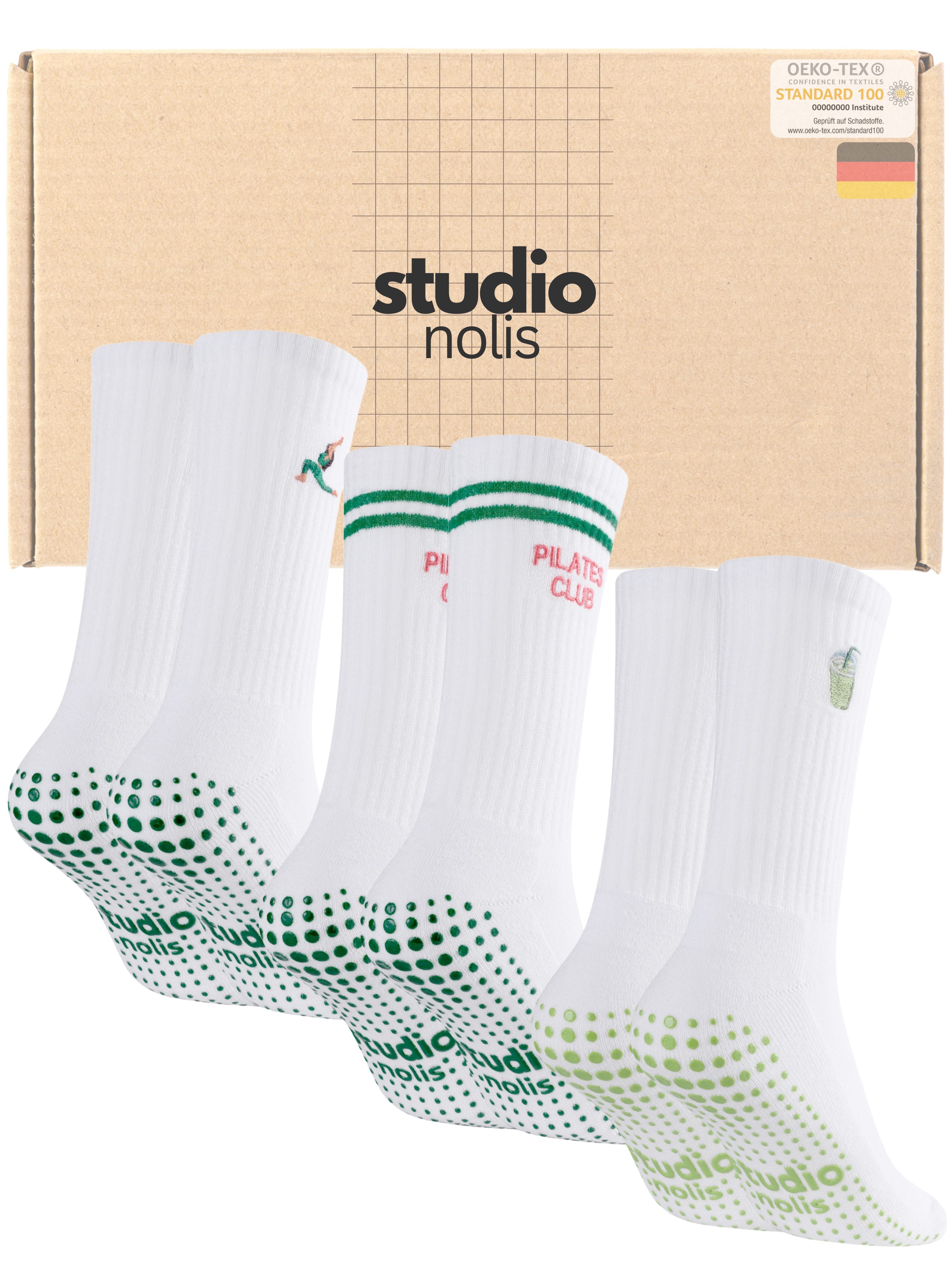 Studio Nolis Tennissocken Pilates Socken - Grip Socks Yoga Barre - Matcha (Set, 3-Paar) mit Noppen