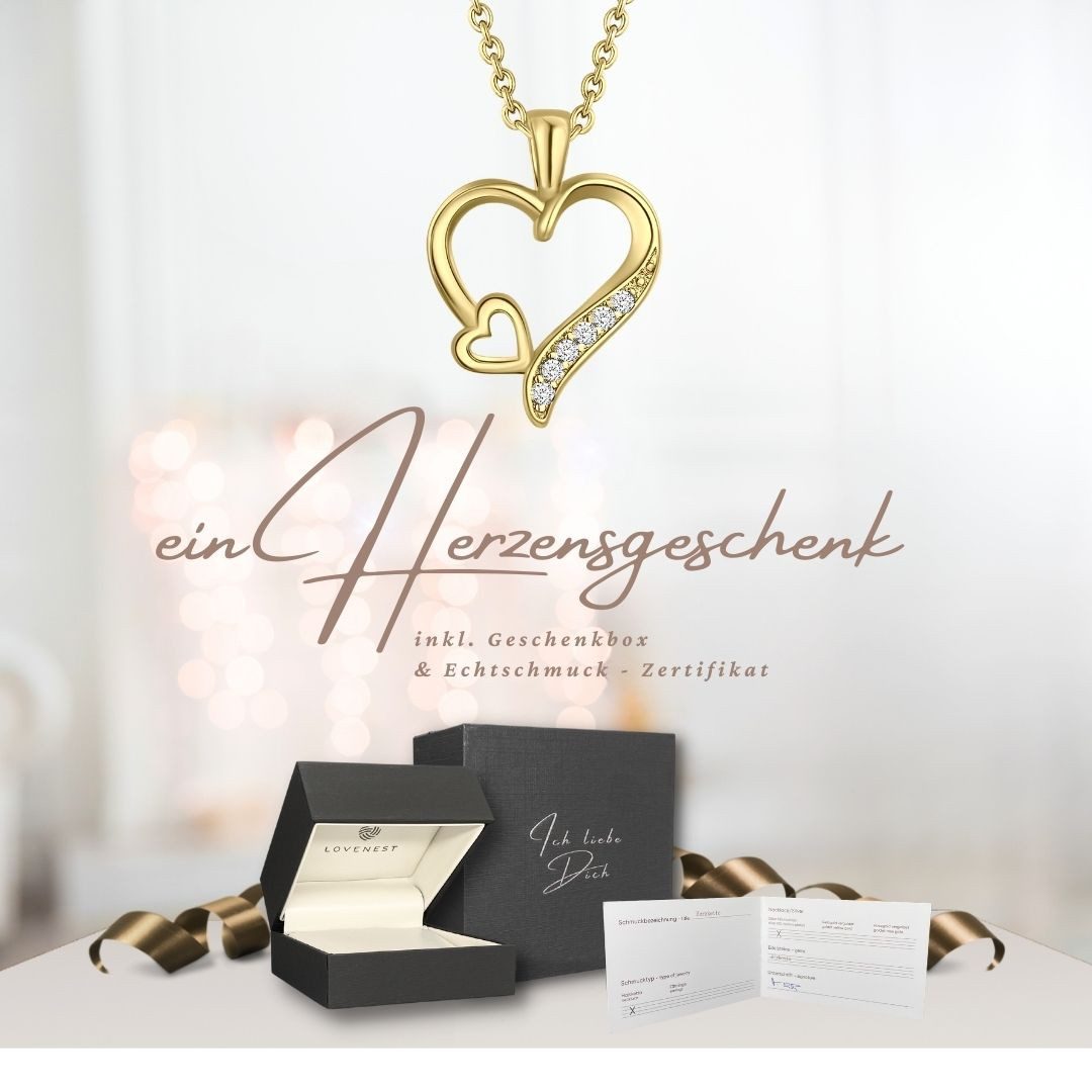LOVENEST Herzkette Halskette Damen Silber 925 / Gold vergoldet mit Herz-Anhänger Zirkonia (Silberkette Anhänger Geschenke für Frauen Valentinstag Frau Freundin, Geschenkset Damenkette Weihnachten Set), Schmuck "Ich liebe Dich" zum Hochzeitstag, Geburtstag, Jahrestag