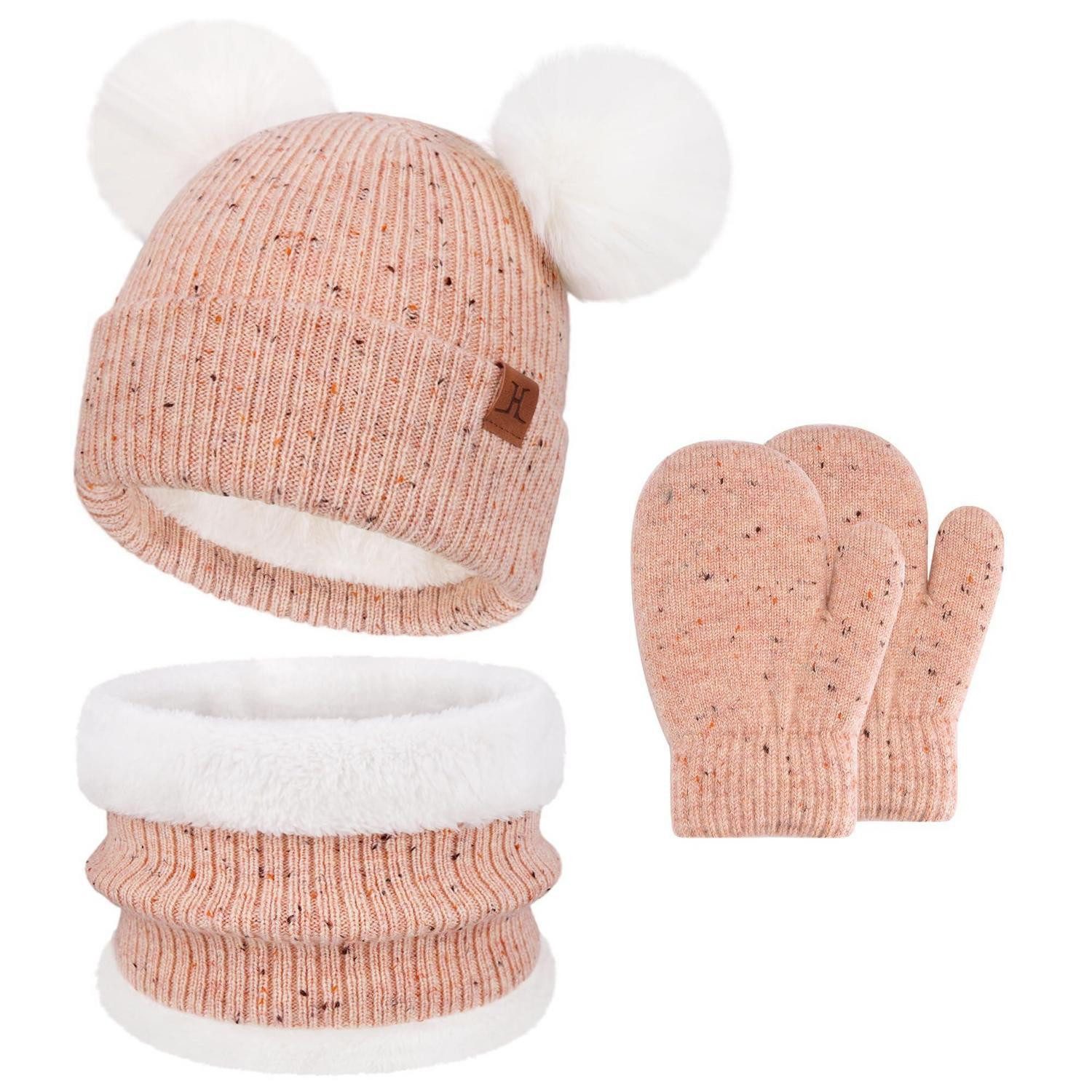 LuxusKollektion Bommelmütze Kinder Winter Mützen Schal Handschuh Set Rosa (1-St)