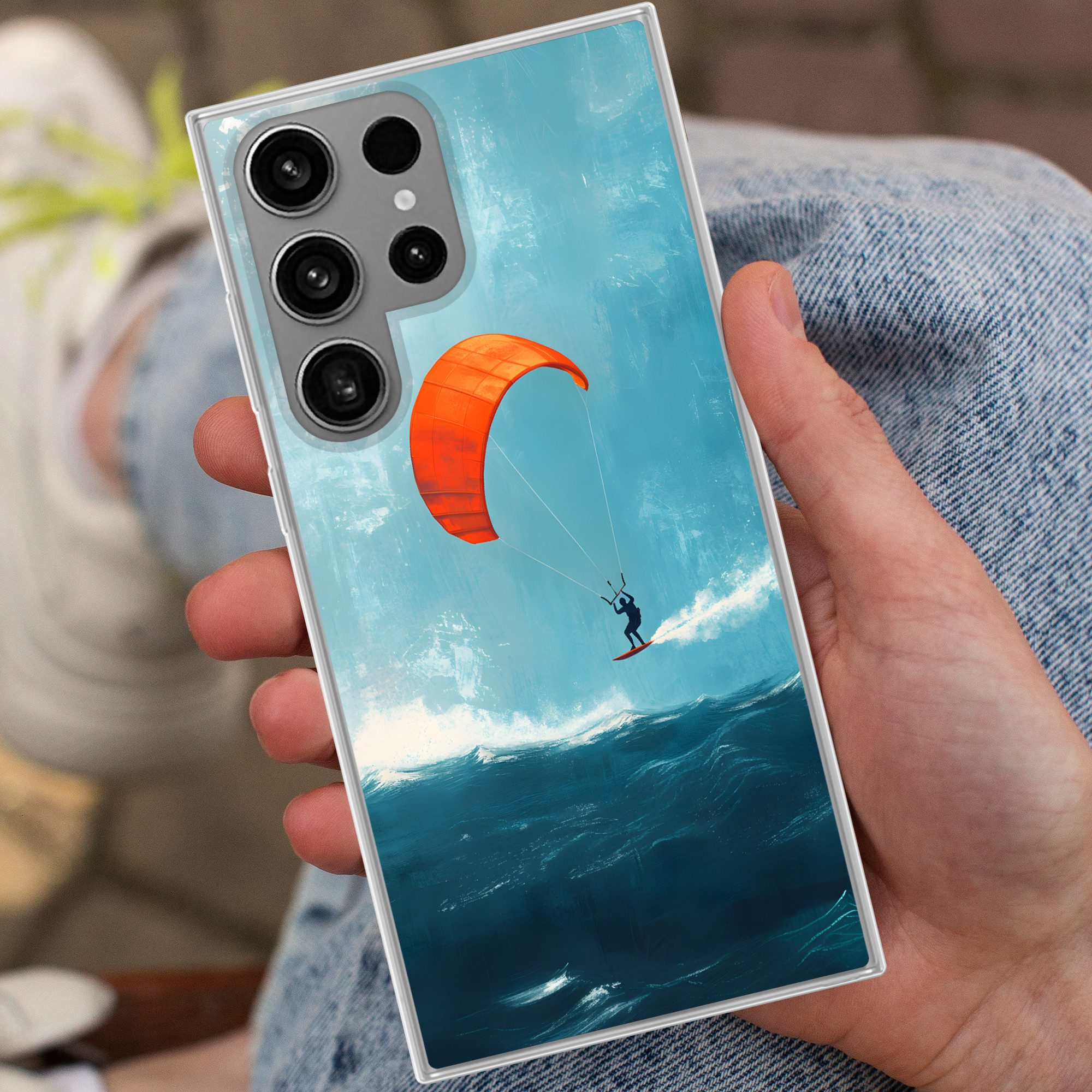 MuchoWow Handyhülle für Samsung Galaxy S23 Ultra Kitesurfer - Orange - Meer - Himmel