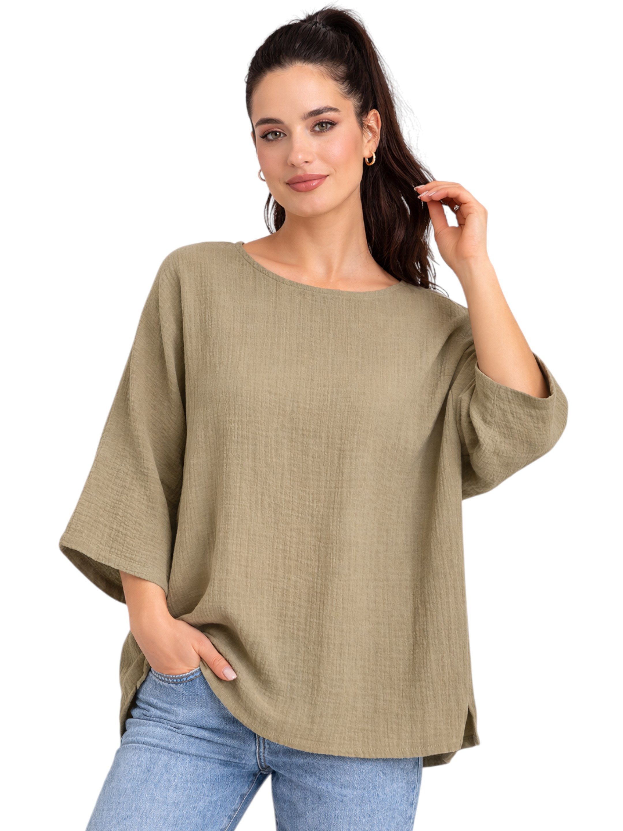 WENOR Blusentop Damen Musselin Oversize Bluse Fledermausärmel lockerer Schnitt, weiter Fall, luftige Sommer Tunika