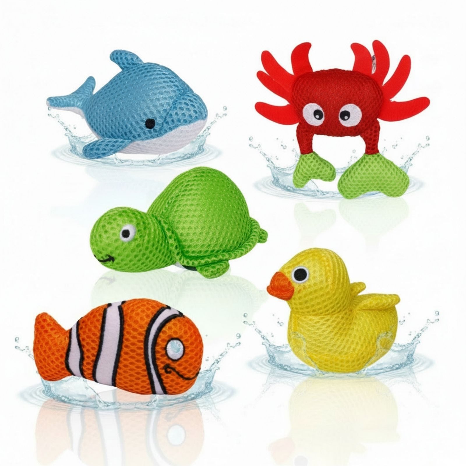 alldoro Badespielzeug Aquanauts Badetiere für Kinder, 5er Set für Badewanne, Pool und See, schwimmende Tiere: Delfin, Ente, Schildkröte, Krebs & Clownfisch