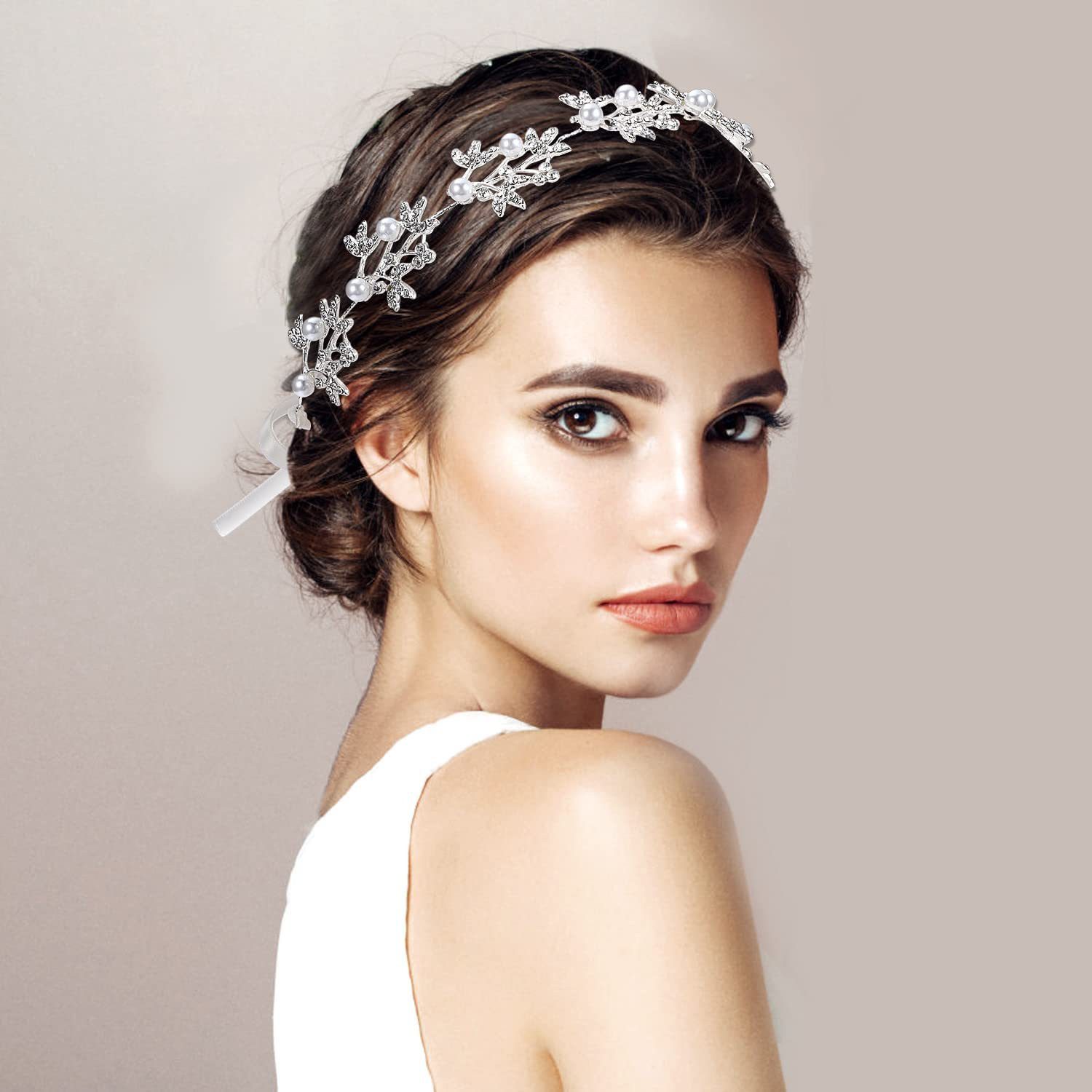 MOPUEA Diadem Kristall Blume Stirnband Kopfschmuck Haarreif silber (Set, 1-tlg., Band oder Haarnadeln für stabilen, komfortablen Sitz), Für Hochzeiten, Partys oder als Geschenk für Mädchen & Frauen