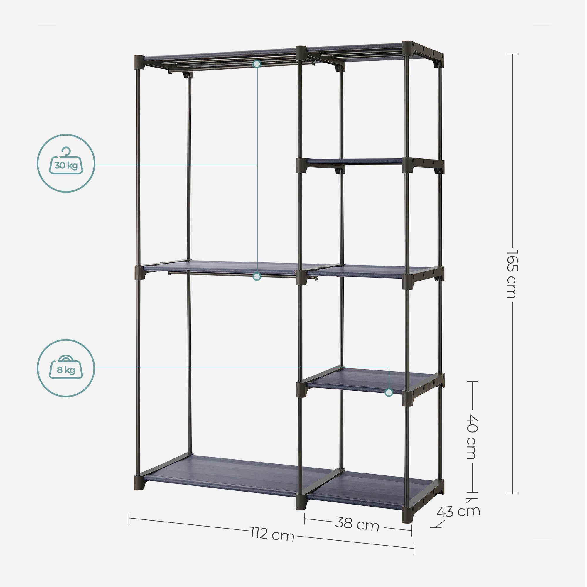 mit x 112 SONGMICS Kleiderschrank cm grau x Kleiderstangen, 43 165 faltbar,