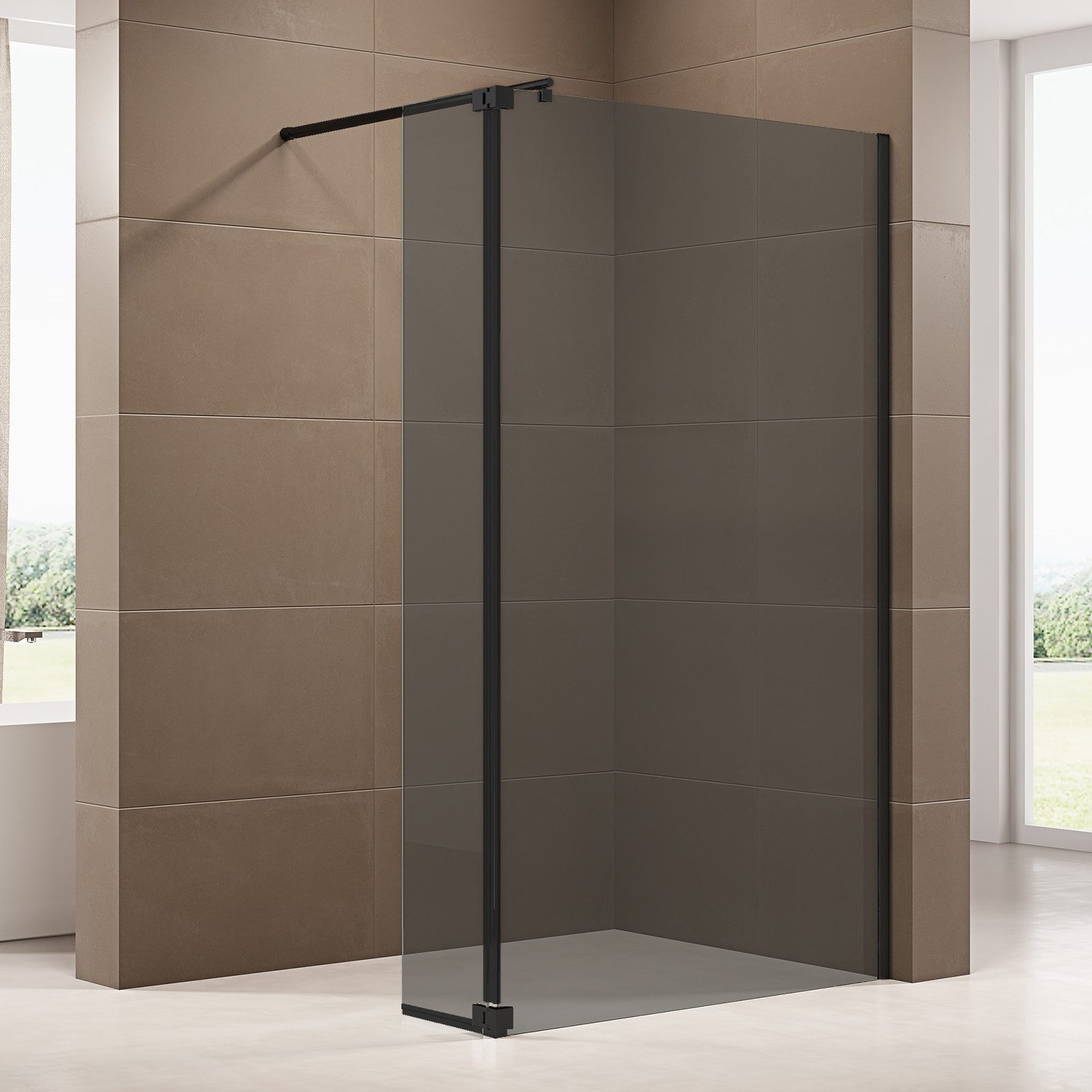 Bernstein Walk-in-Dusche NT106 30x200 cm Graues Glas, ESG Sicherheitsglas, Spritzschutz beweglich 10mm Nano Grau Glas Schwarz