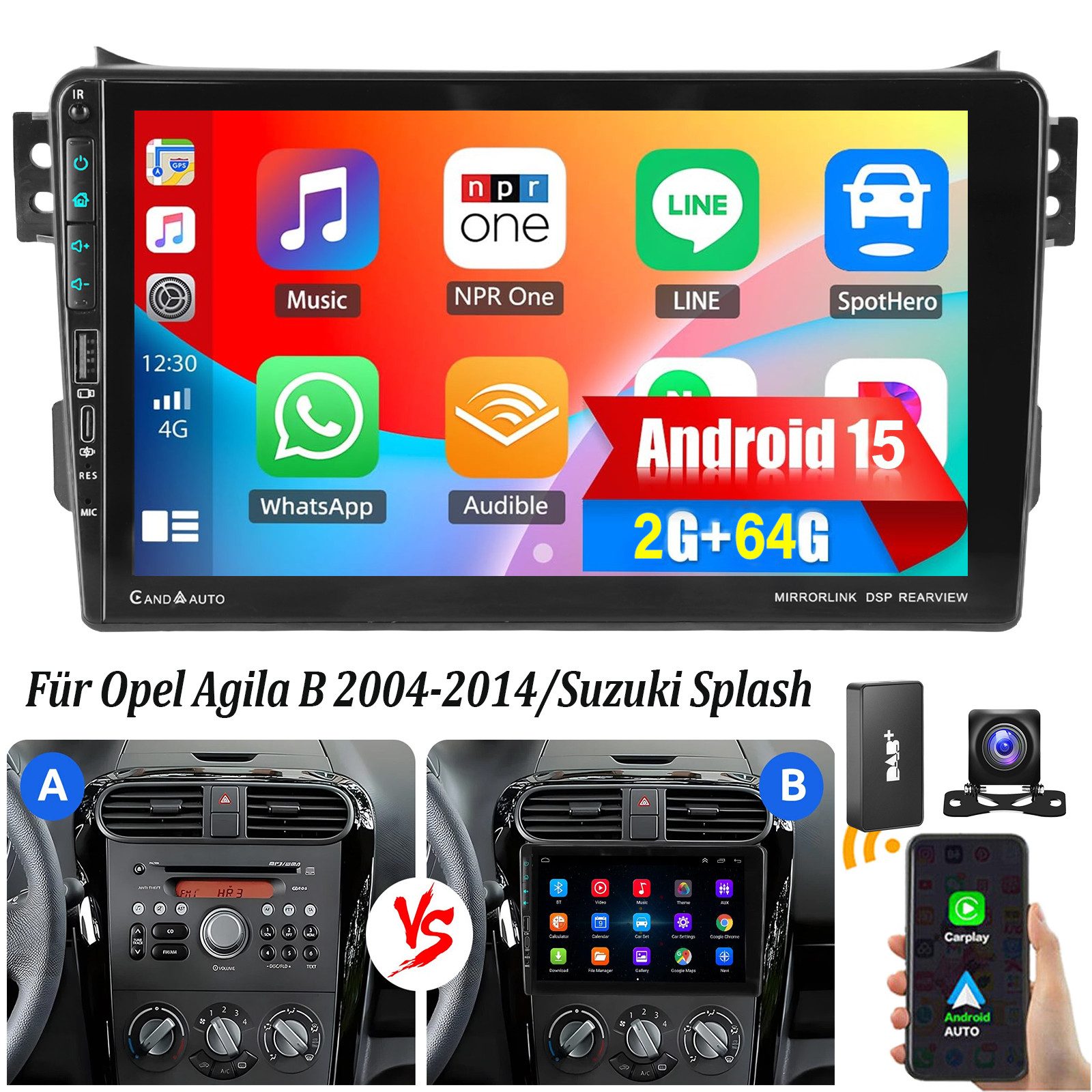 Android 15 für Suzuki Splash Ritz/Opel Agila B 04-14 Carplay GPS Navi Autoradio