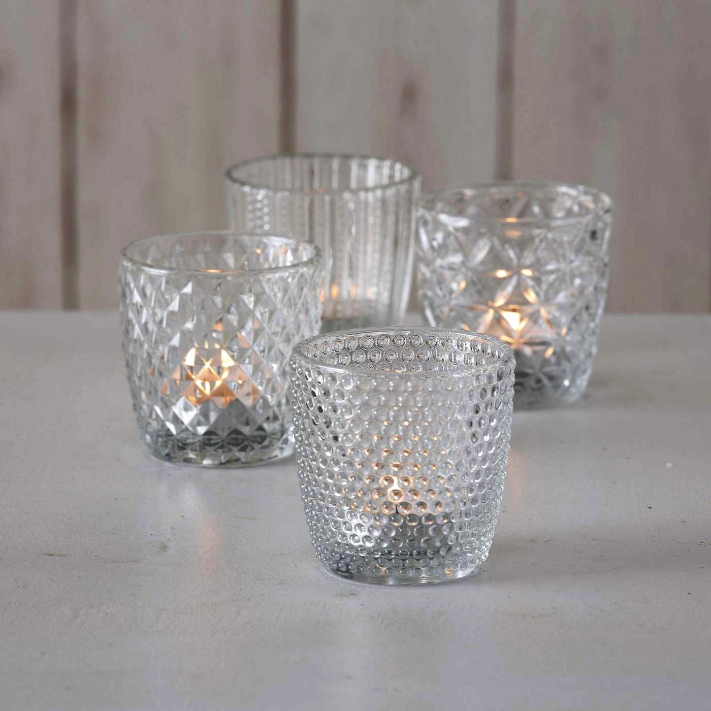 LS-LebenStil Teelichthalter 4´er Set Teelichtgläser Retro Weiß Klar 7cm Glas Windlicht (4´er Set Kristall Ornament Windlicht für Teelichter, 4 St., Halter Kerzenständer Tischdeko Kerzenhalter Gläser für Teelichter), 7x7cm, 4´er Set Kristall Ornament Windlicht für Teelichter