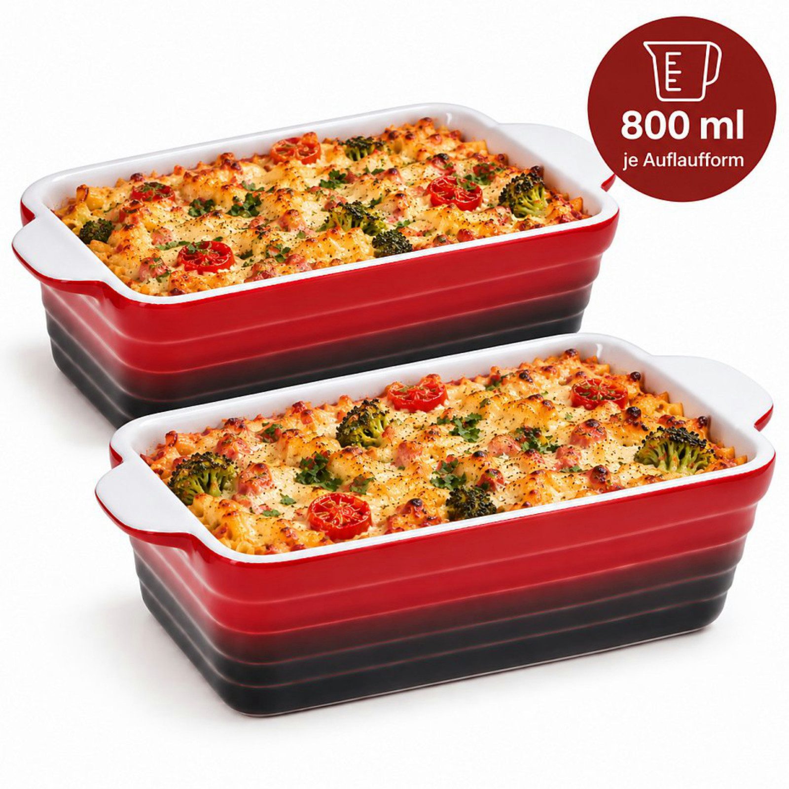 Koopman Auflaufform Ofenform Ofenschale Gratinform Keramik 800ml 2er Set, Keramik, Rot / Schwarz, max. 240°C, 21,5x12x6,5cm, 2 Tragegriffe