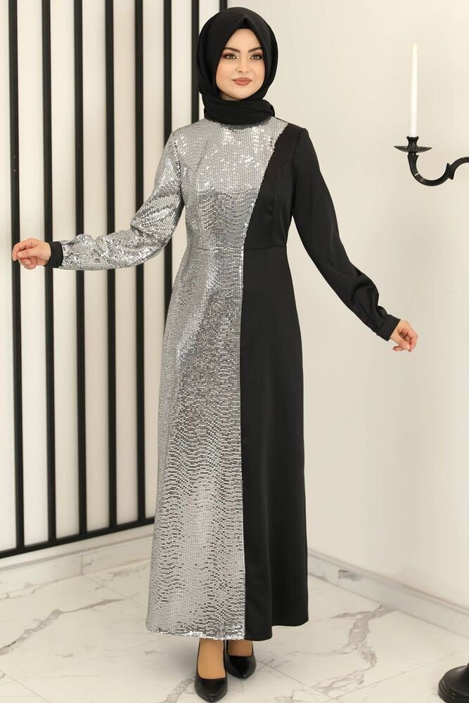 Modavitrini Paillettenkleid Damen Abendkleid silbernes Kleid Modest Fashion Abiye (FIRUZE) Pailletten