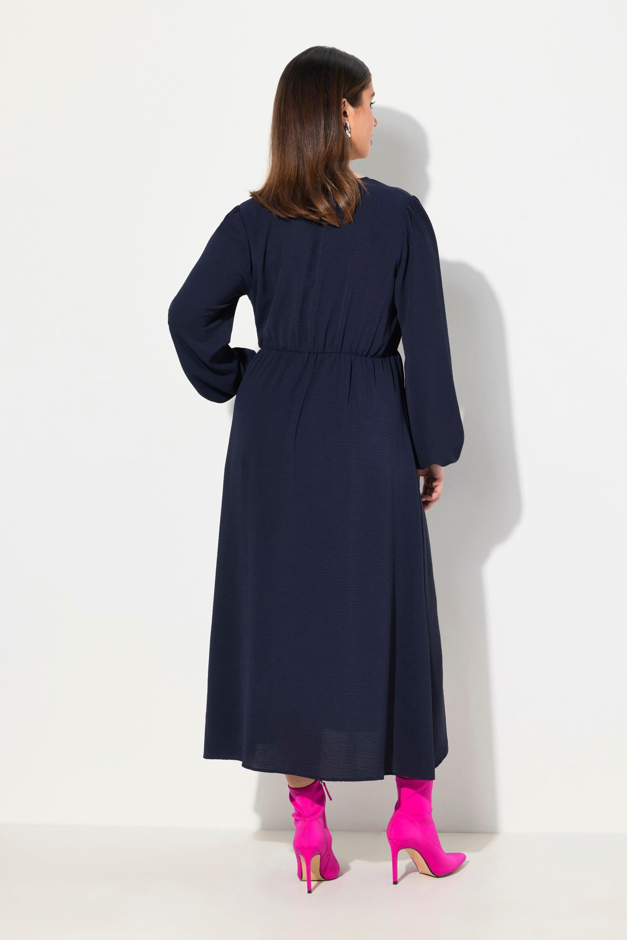 Ulla Popken Midikleid Midikleid Wickeloptik A-Linie V-Ausschnitt Langarm