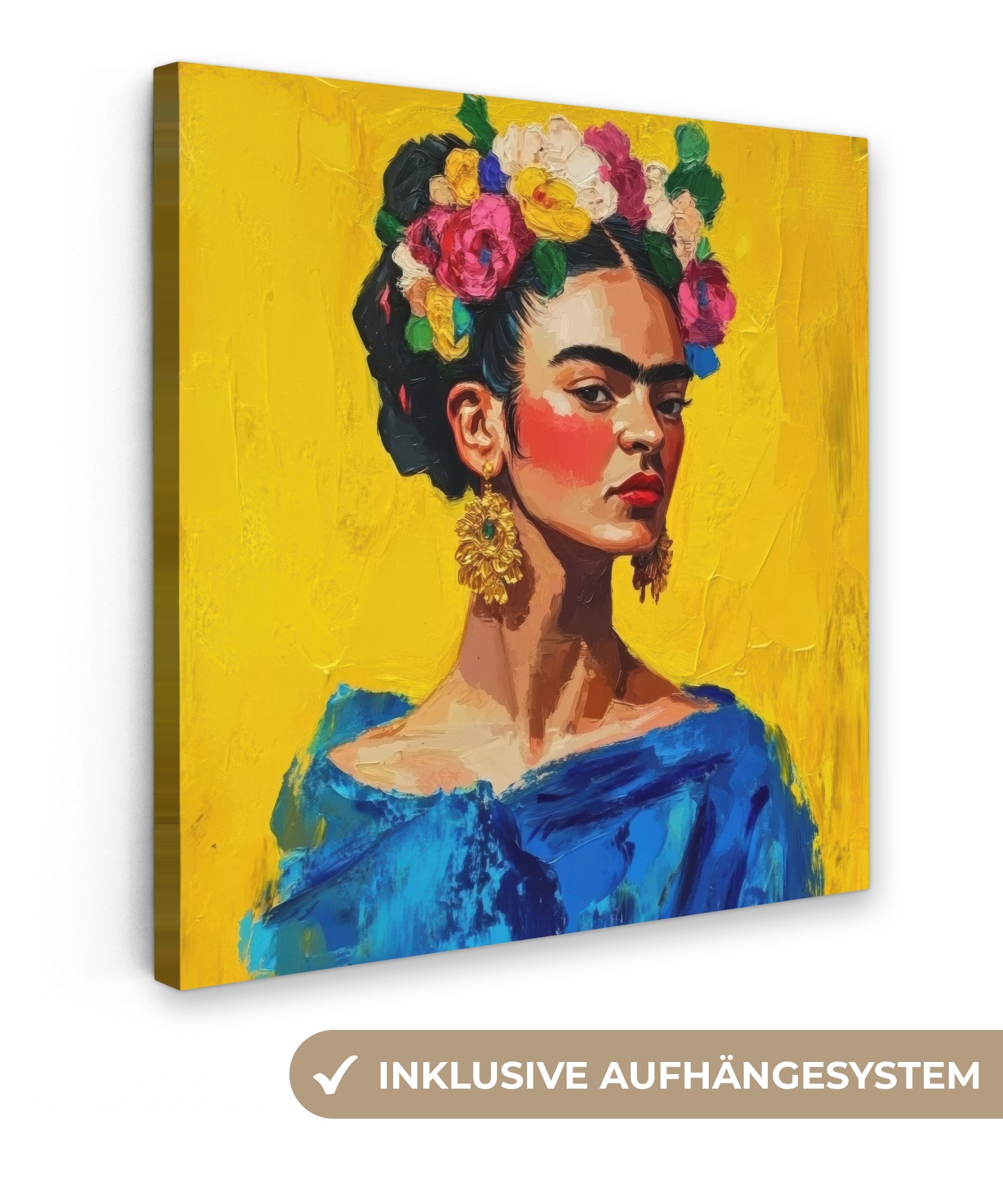 OneMillionCanvasses® Leinwandbild Frida Kahlo - Frau - Gelb - Blau - Blumen, Fotodruck (1 St), Wandbild, Deko Schlafzimmer Wohnzimmer Flur 20x20 cm