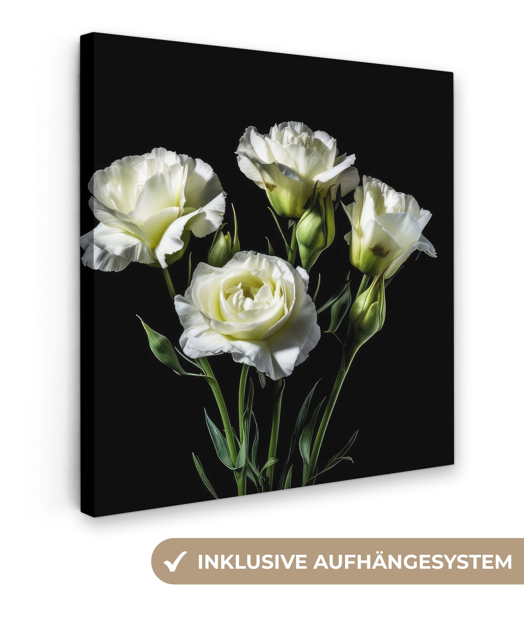 OneMillionCanvasses® Leinwandbild Blumen - Rosen - Weiß - Botanisch - Schwarz, (1 St), Leinwand Bilder für Wohnzimmer Schlafzimmer, 20x20 cm
