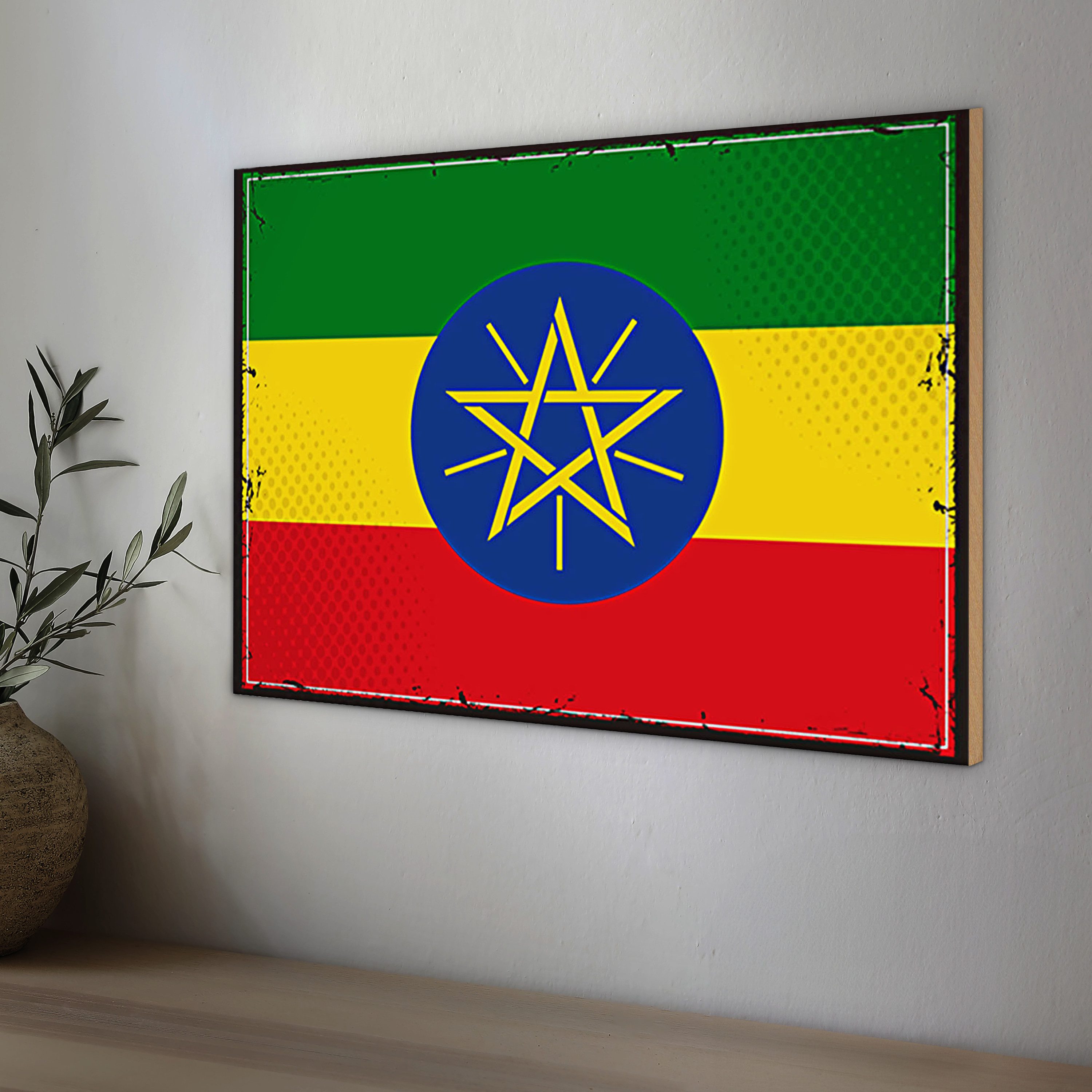 Roomando Holzbild Holzschild Flagge Äthiopien 30x20cm Retro Flag Ethiopia