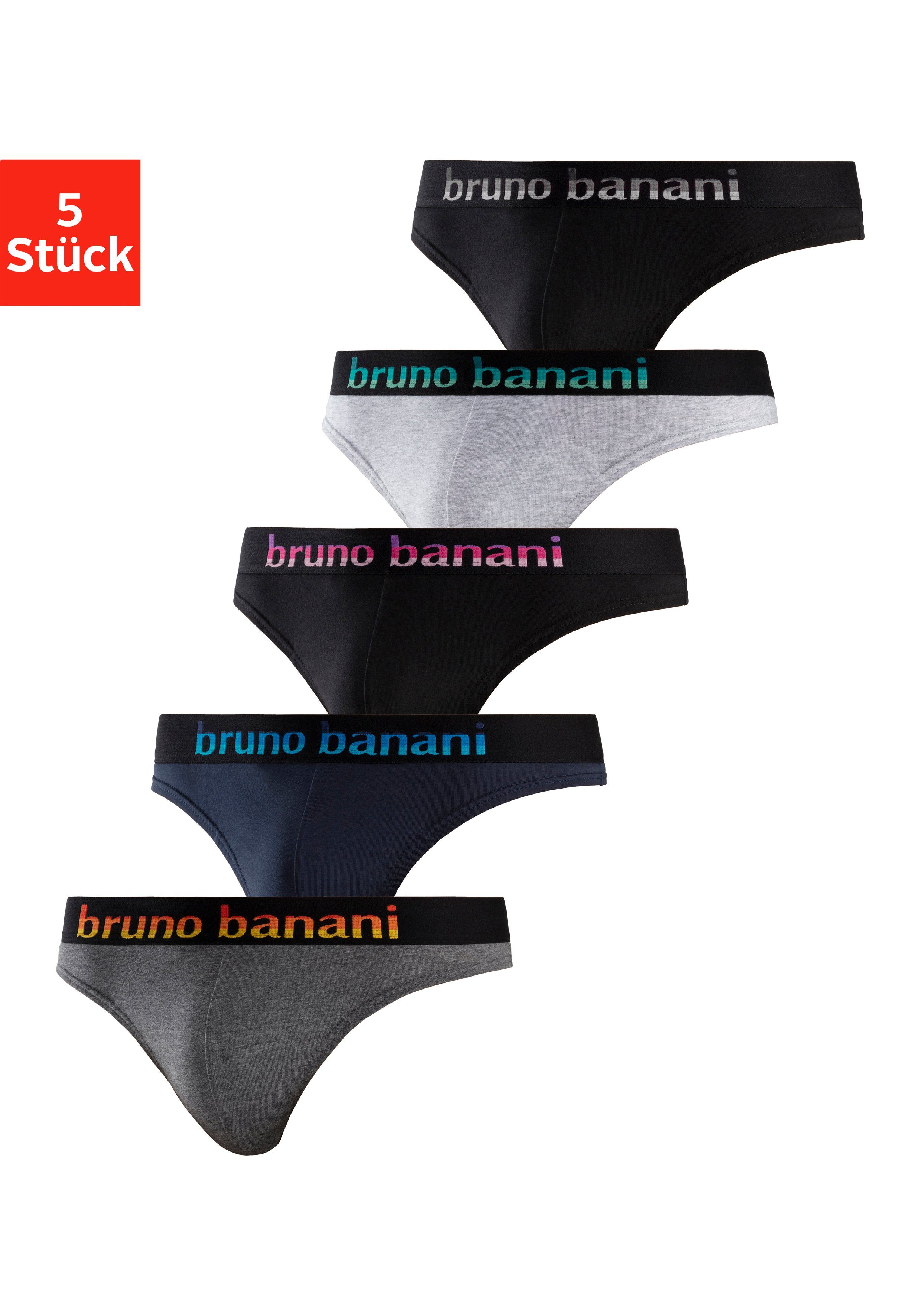 Bruno Banani String (Packung, 5-St) mit Streifen Logo Webbund navy-blau, schwarz-pink, grau-meliert-mint, anthrazit-meliert-gelb, schwarz-grau