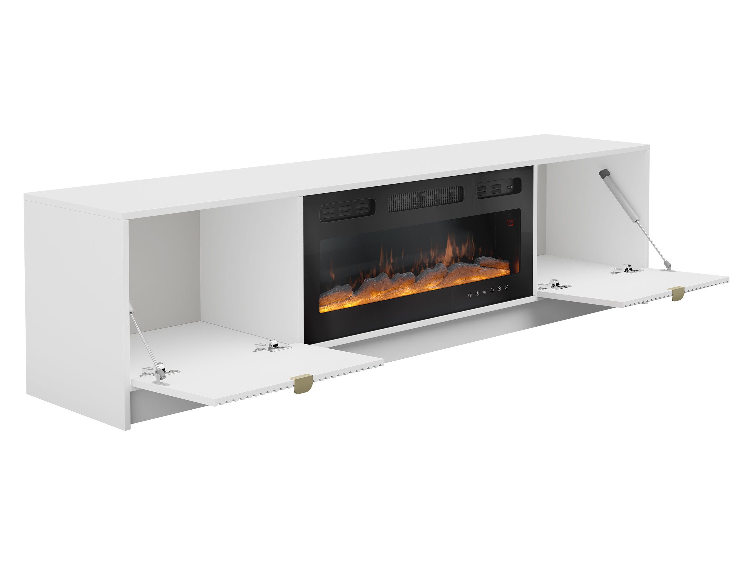 MIRJAN24 TV-Schrank Tireno mit Kamin (mit zwei Drehtüren) Realistische LED-Flamme, Gasdruckfeder