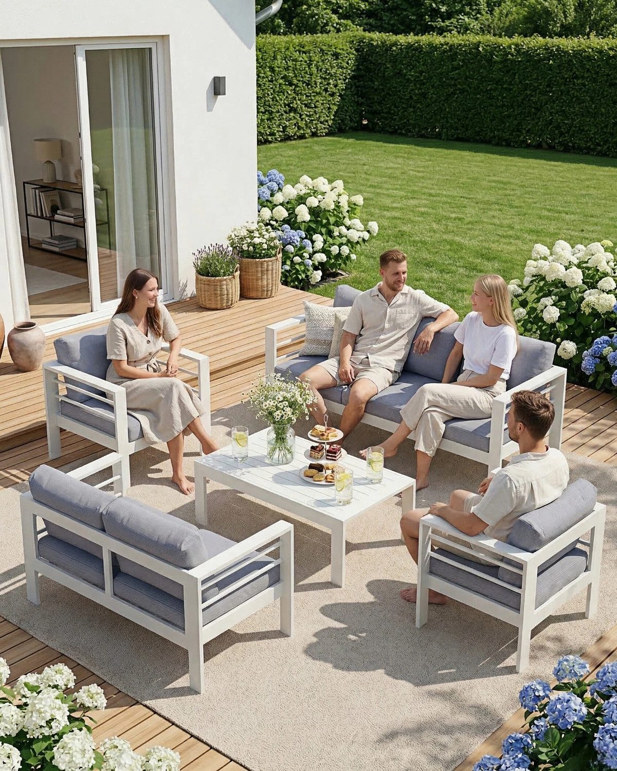 MeXo Gartenlounge-Set Gartenmöbel Set Aluminium Wetterfest, (1 x 3-Sitzer Sofa, 2 x 2-Sitzer Sofa, 4 x Sessel, 1 x Gartentisch, 18 x Kissen, 6-tlg., Luxus Relax), Gartensofa Set für 8-10 Personen, Individuell Kombinierbar