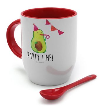 Mr. & Mrs. Panda Tasse Avocado Party Zeit - Weiß - Geschenk, Tasse mit Löffel, Veggie, Tasse, Keramik, Charmanter Keramik-Löffel