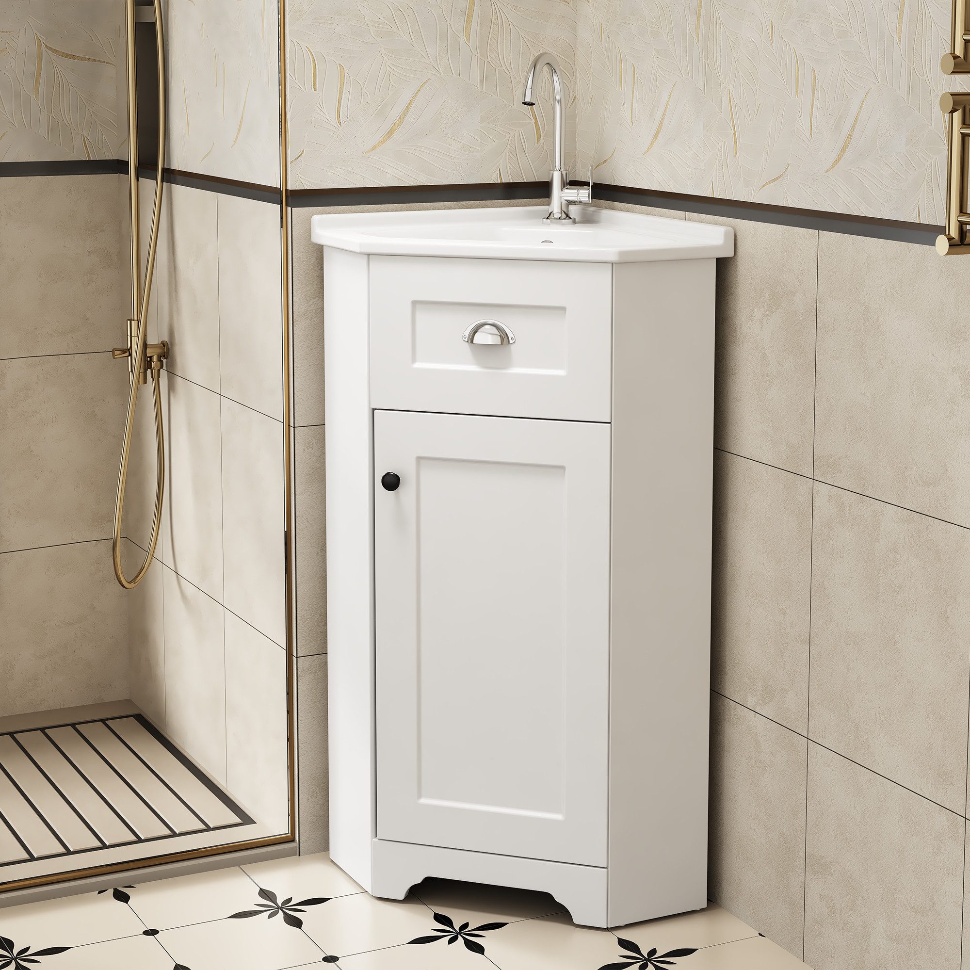 Flieks Waschtisch Eck-Waschbeckenunterschrank inkl. Waschbecken (B59/T42,5/H90,5 cm, 1-St., bodenstehend), Badmöbel-Set Eckschrank mit Eck-Waschbecken Badzimmer – Bild 3 von 5
