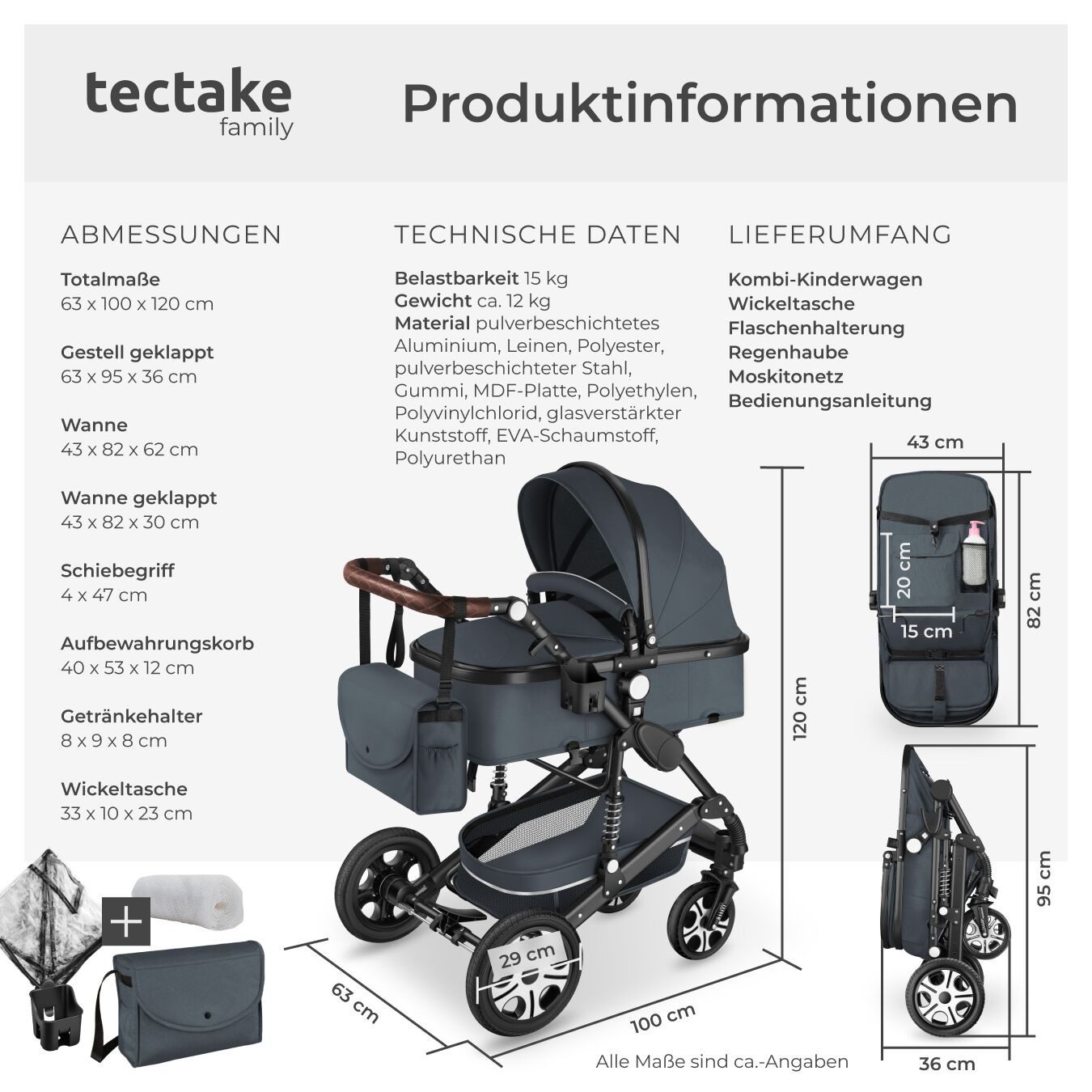 tectake Kombi-Kinderwagen Mats, klappbar, mit 5-Punkt-Gurt, Schutzbügel und Handschlaufe