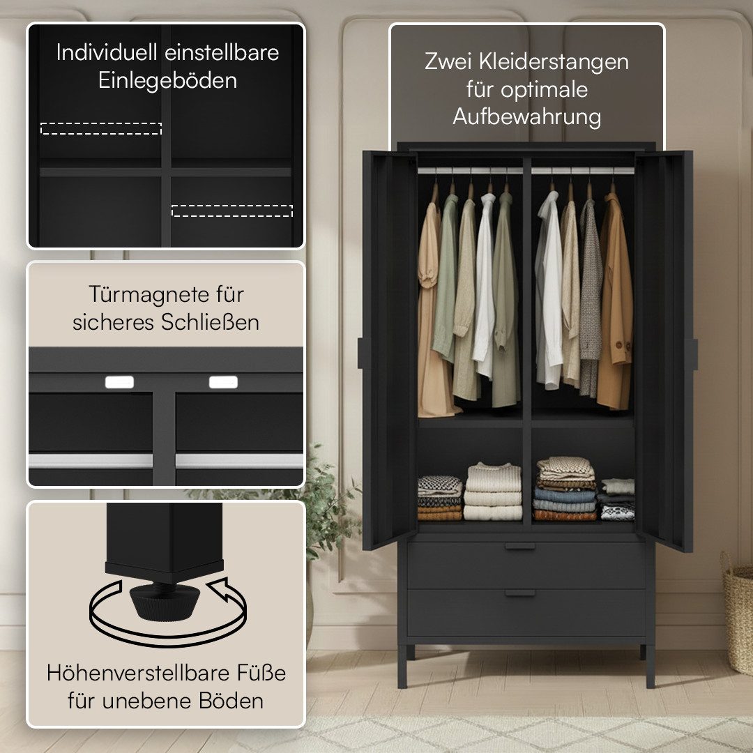 skølm Kleiderschrank Ituri aus Metall (Schwarz) Schrank mit 6 Fächern, 2 Schubladen & 2 Kleiderstangen, 170x80x45 cm