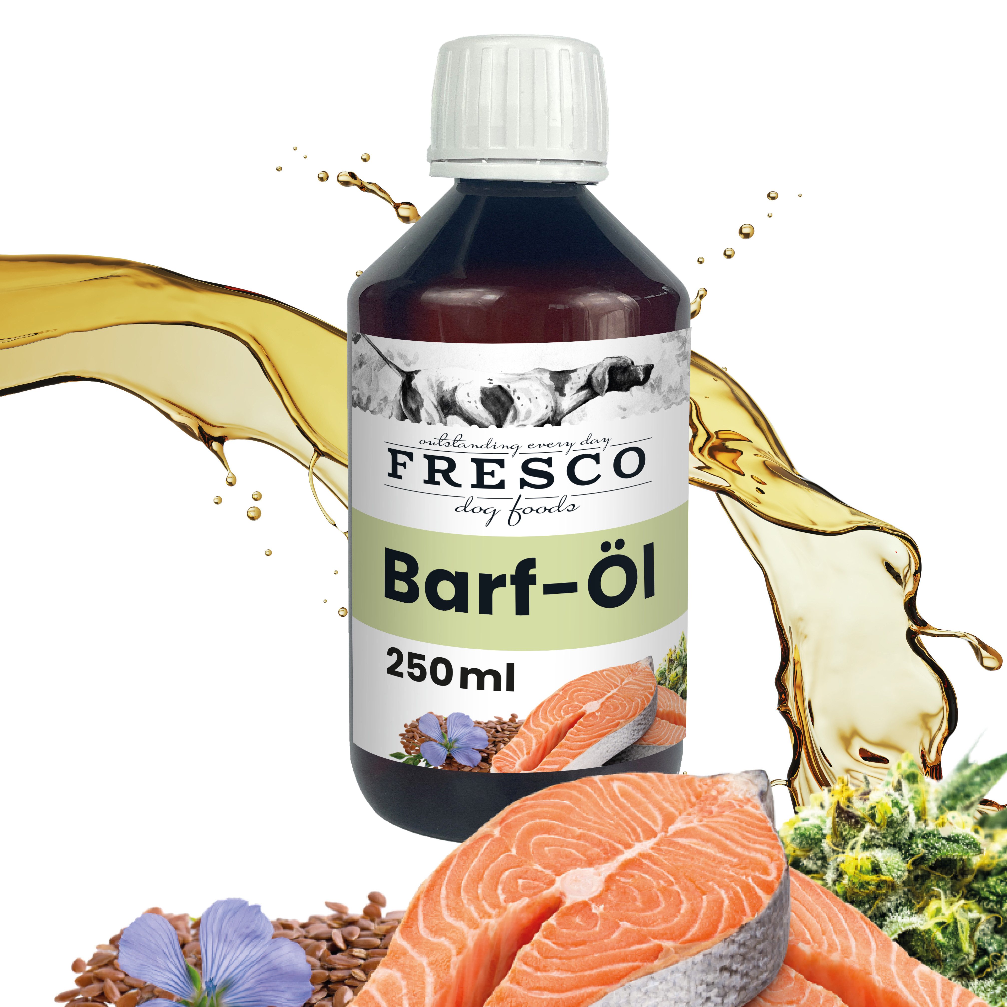 Fresco Dog BARF Öl für Hunde 250ml / 500ml / 1L, Mix aus Lachsöl, Hanföl, Leinöl, Ergänzungsfutter für: Hunde, Kaltgepresst mit Omega 3 & 6, Barföl hochdosiert mit Vitamin D & E