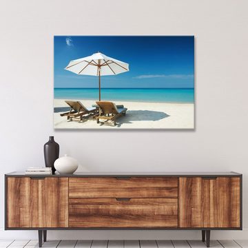 WallSpirit Leinwandbild Strand mit Liegestühlen - XXL Wandbild, Leinwand geeignet für alle Wohnbereiche