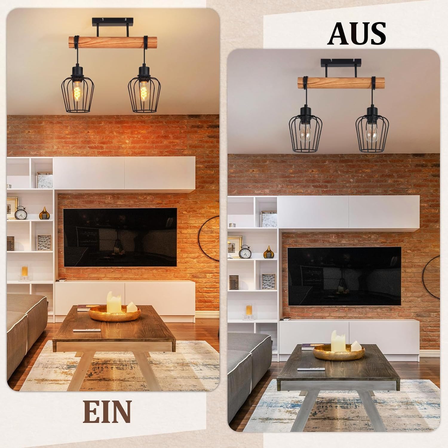 Nettlife Deckenleuchte Holz 2/3/4 flammig Retro Schwarz Deckenlampe E27 Industrial, Höhenverstellbar, LED wechselbar, Flur Wohnzimmer Schlafzimmer – Bild 5 von 5