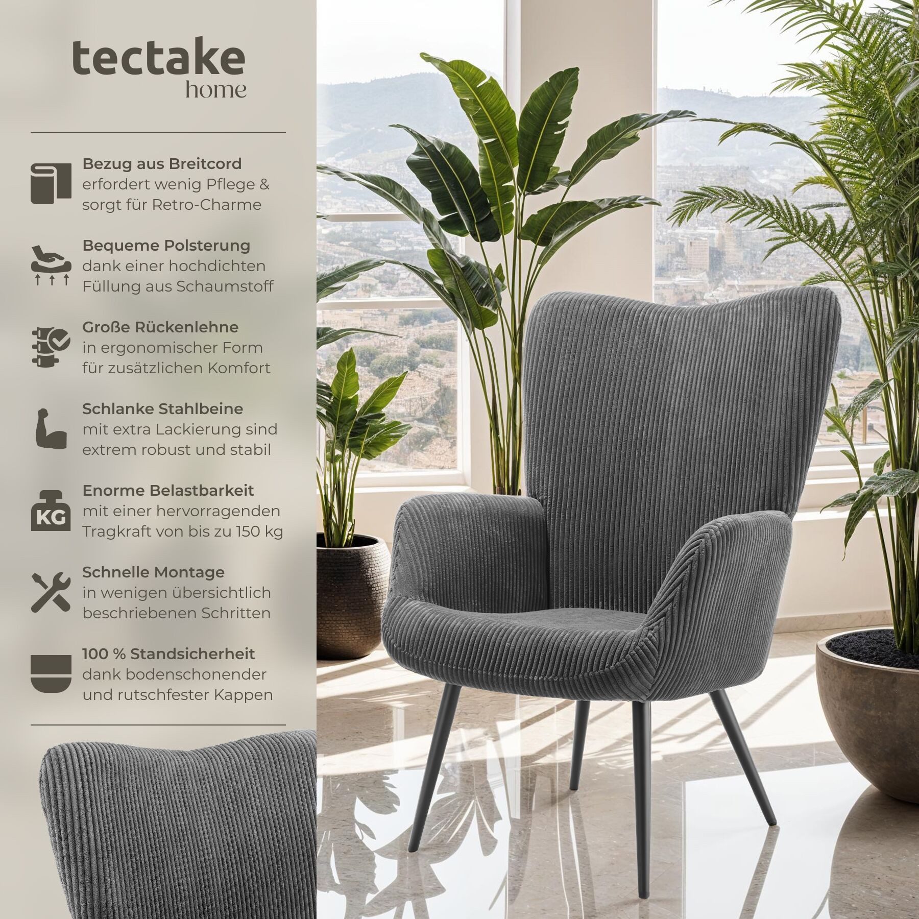 tectake Relaxsessel Sessel Hygge gepolstert, Bouclé-Stoff, Belastbarkeit 15 günstig online kaufen