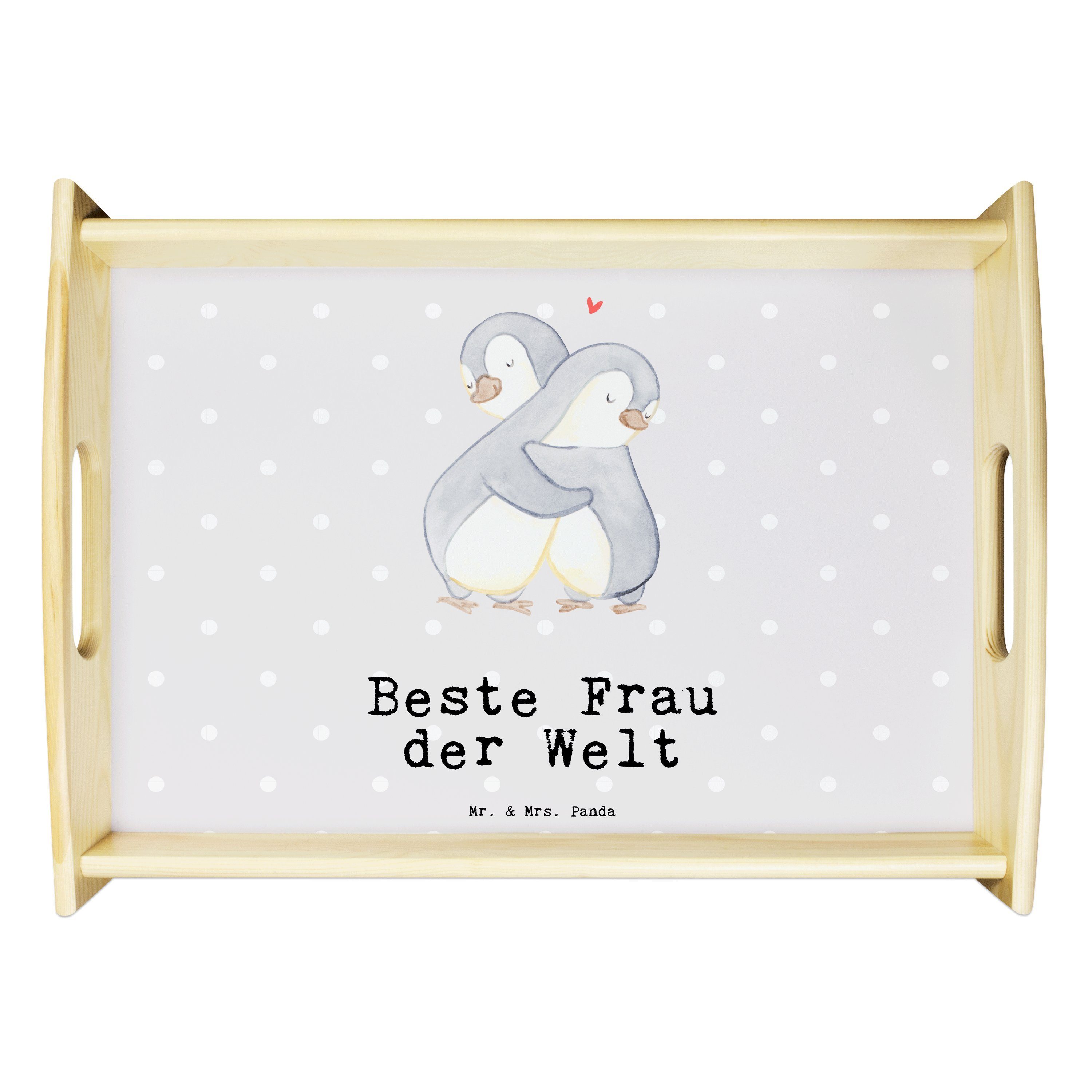 Mr. & Mrs. Panda Tablett Pinguin Beste Frau der Welt - Grau Pastell - Geschenk, Gattin, Küchen, Echtholz lasiert, (1-tlg)