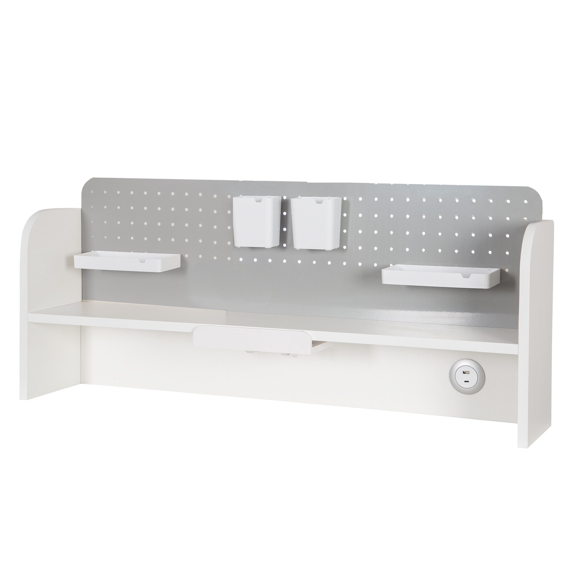 roba® Schreibtischaufsatz Smart Grow - Organizer für Smart Grow Schreibtische, (Magnetische Lochblechwand mit Zubehör), Ausziehbarer Leseständer & USB-C-Ladeplatz - Weiß / Grau