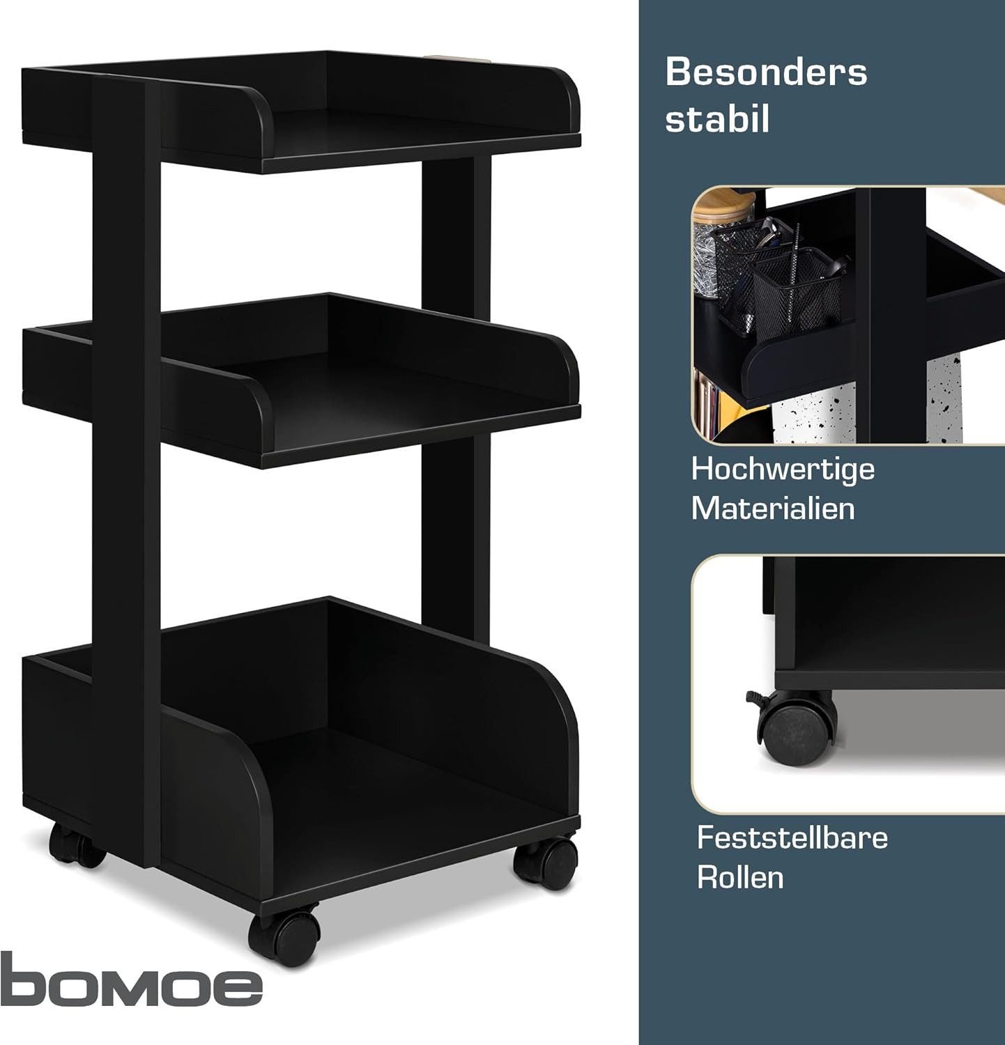 bomoe Rollwagen Aufbewahrungswagen mit Rollen 69 cm hoch Bosse, Schwarz, Holz Rollwagen Badezimmer Büro Küchenwagen Schwarz Servierwagen – Bild 4 von 5