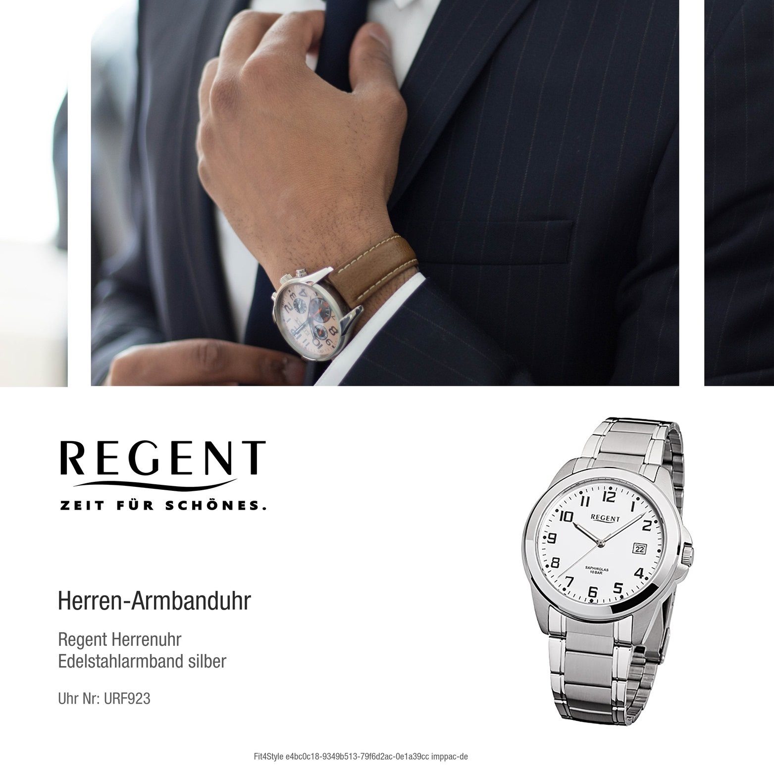 Regent Quarzuhr Regent Herren rundes Quarzuhr, (ca. Herrenuhr Stahl Uhr mittel F-923 mit Edelstahlarmband, Gehäuse, 39mm), Ele