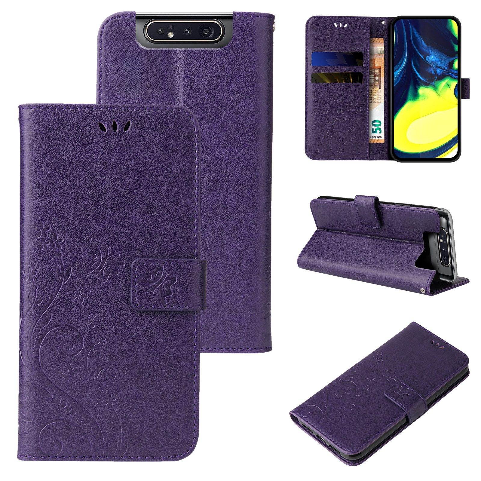 Tec-Expert Handyhülle Cover Tasche Hülle für Samsung Galaxy A80 6,7 Zoll, Klapphülle Case mit Kartenfach Fliphülle aufstellbar, Motiv Blumen