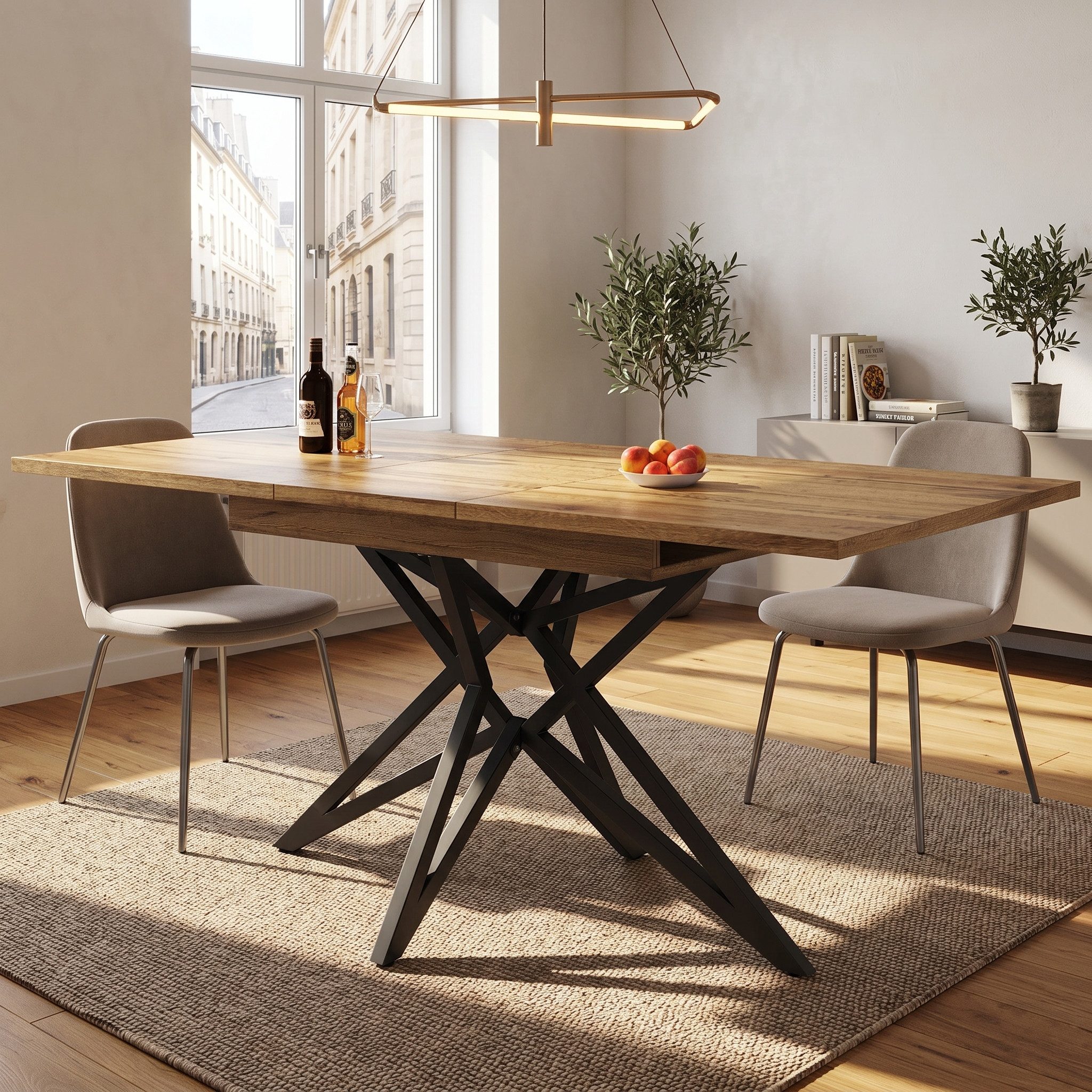 Flieks Esstisch ausziehbarer Tisch (Metallbeine mit verstellbaren Fußstützen, Länge 120-160/T80/H76 cm, 1-St., 1 Tisch), rechteckiger Küchentisch Holzmaserung, sternförmige Tischbeine