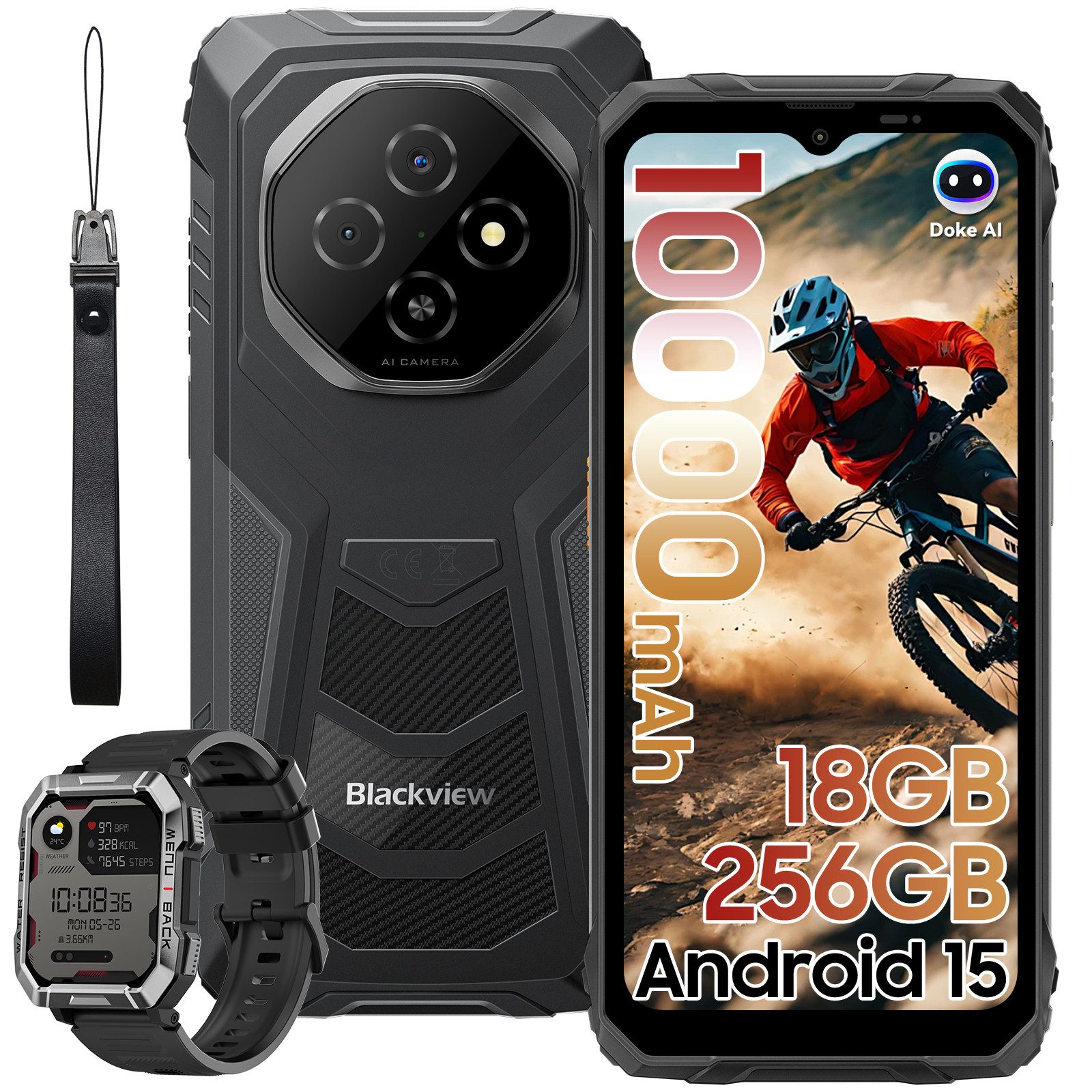 blackview FORT 1 incl. W60 Android 15, AI, Outdoor Smartphone (256 GB Speicherplatz, 6.56”, 90Hz, fingerprint, NFC,10000mAh, 18W)