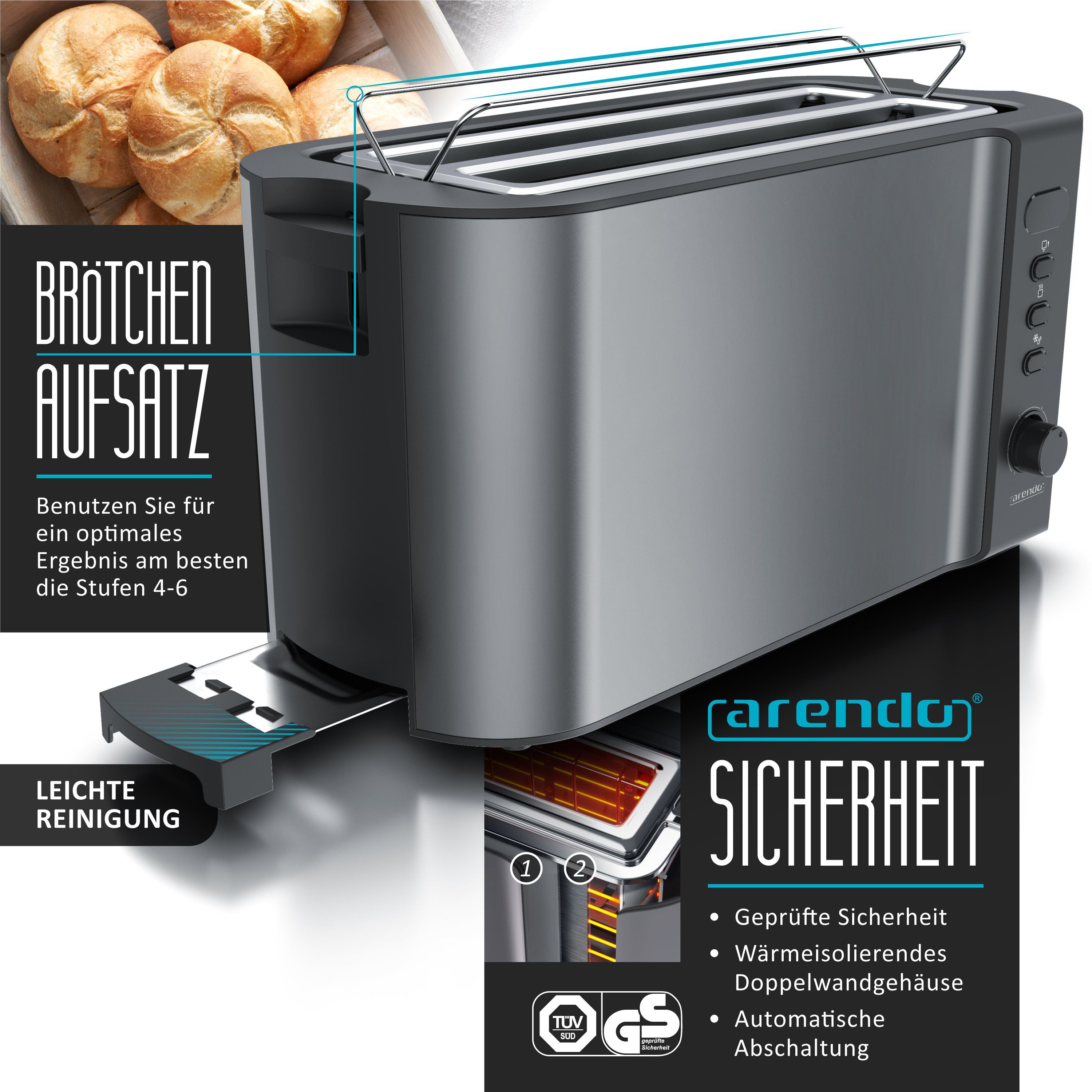 Arendo Frühstücks-Set 4-Scheiben Langschlitz Toaster, 6er Eierkocher, Cool Grey (2-tlg), LED-Display, 6 Bräunungsgrade, Brötchenhalter, 1-6 Eier, Messbecher