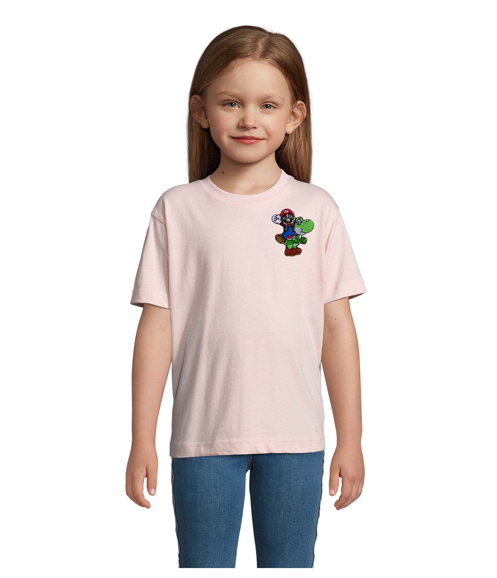 Blondie & Brownie T-Shirt Mario Luigi Yoshi Patch Kinder T-Shirt Retro Gaming Baumwolle Fun tee (Einzelstück, Einzelartikel) Retro Yoshi Abenteuer Patchshirt