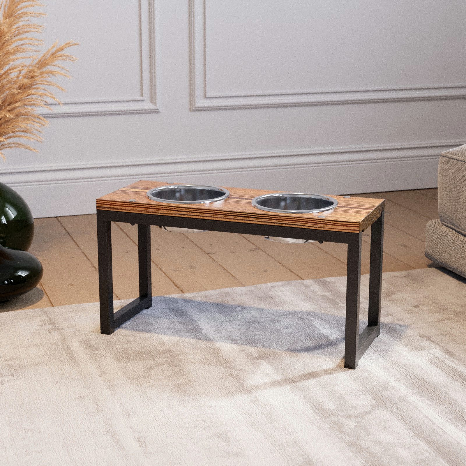 QLS Futternapf Napfständer für Hunde 26,5 cm Geflammt, Edelstahl, Doppel Futternapf aus Holz und Stahl 50 x 19 x 26,5 cm