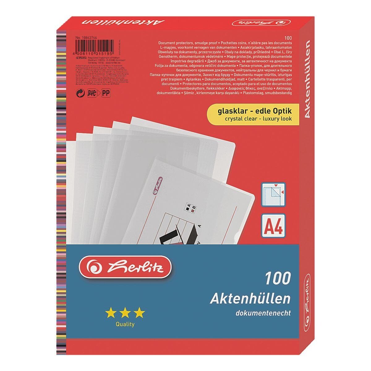 Herlitz Prospekthülle, 100 Stück, glasklar, Format A4 ohne Lochrand, mit Greifausschnitt