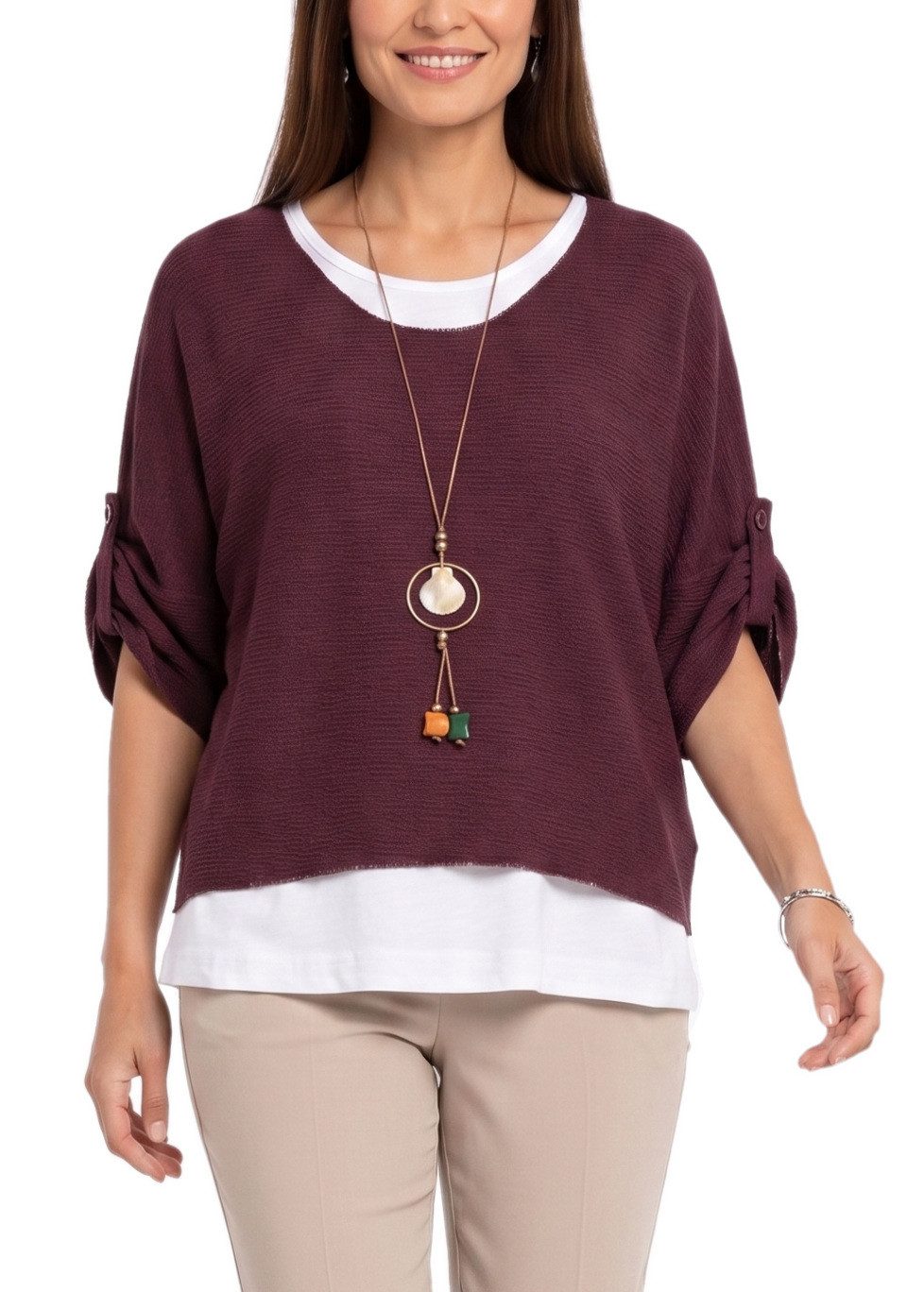dy_mode Blusenshirt Damen Blusenshirt Oberteil 2-in-1 Lagenlook Shirt Fledermausärmel 2-teilige Set, inkl. Halskette, Fledermausärmel