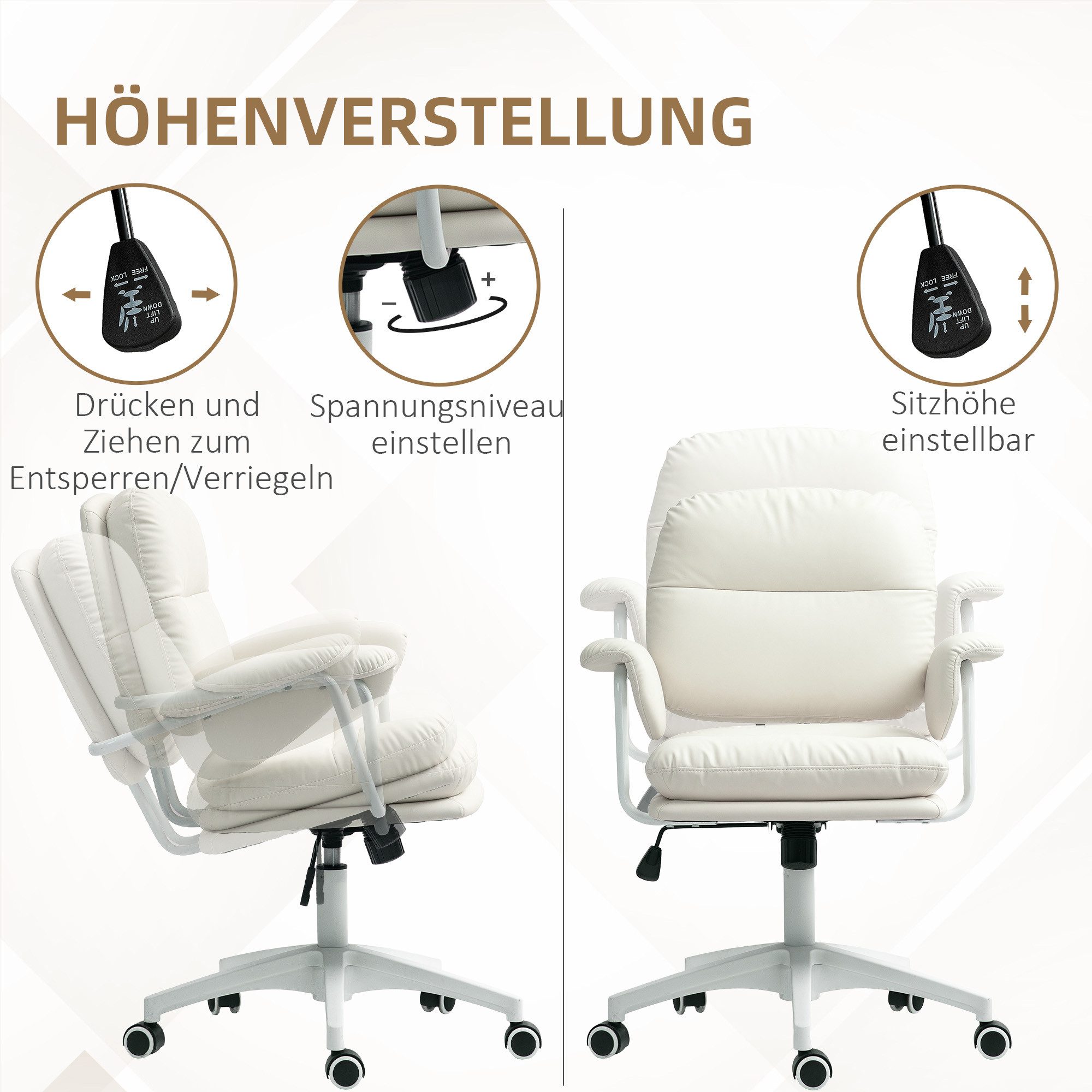 HOMCOM Schreibtischstuhl Bürostuhl mit Kippfunktion, höhenverstellbarer Drehstuhl (Bürostuhl, 1 St), bis 120 kg belastbar, für Büro, Arbeitszimmer, Weiß – Bild 4 von 5