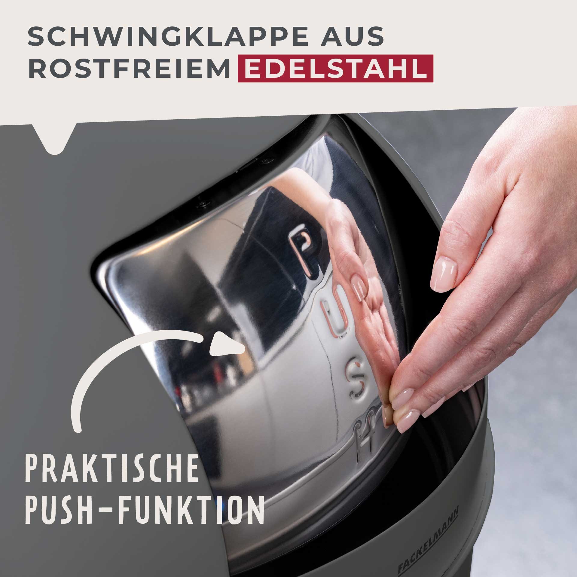FACKELMANN Mülleimer BERLIN, Push Abfalleimer 40L, Retro-Design, großes Fassungsvolumen, lackiertes Edelstahlgehäuse