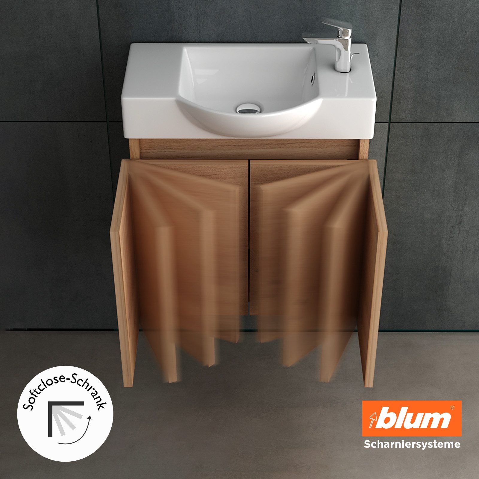Alpenberger Badezimmer-Set Waschbecken mit Unterschrank hängend klein 55cm breit in Bamboo Optik, (Waschtisch mit Unterschrank schmal, 2-St., Gäste WC Möbel in  – Bild 5 von 5