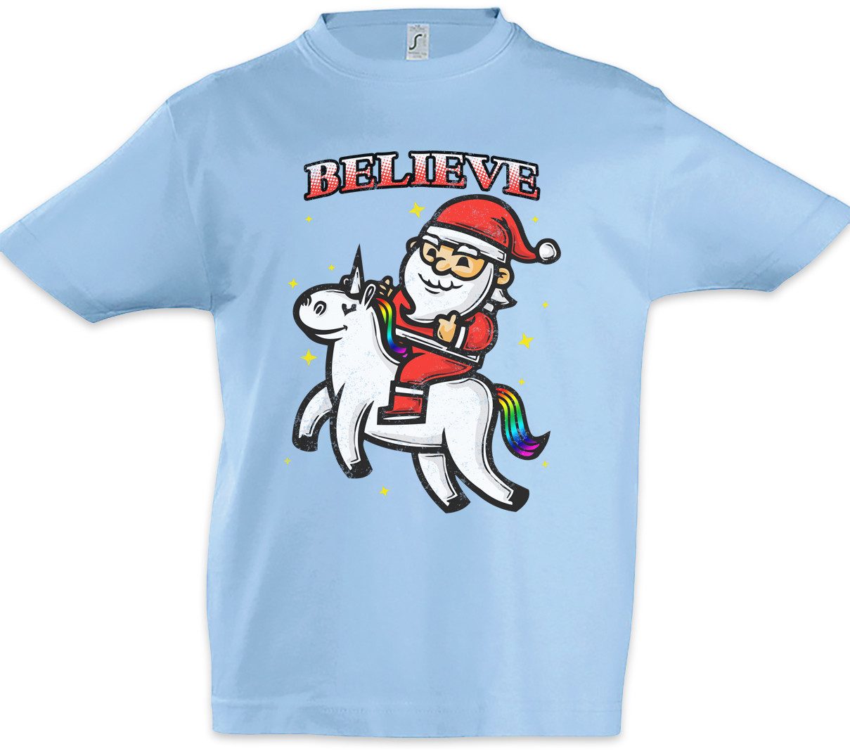 Print-Shirt Believe Unicorn Santa Kinder T-Shirt Einhorn Regenbogen Rainbow Clause