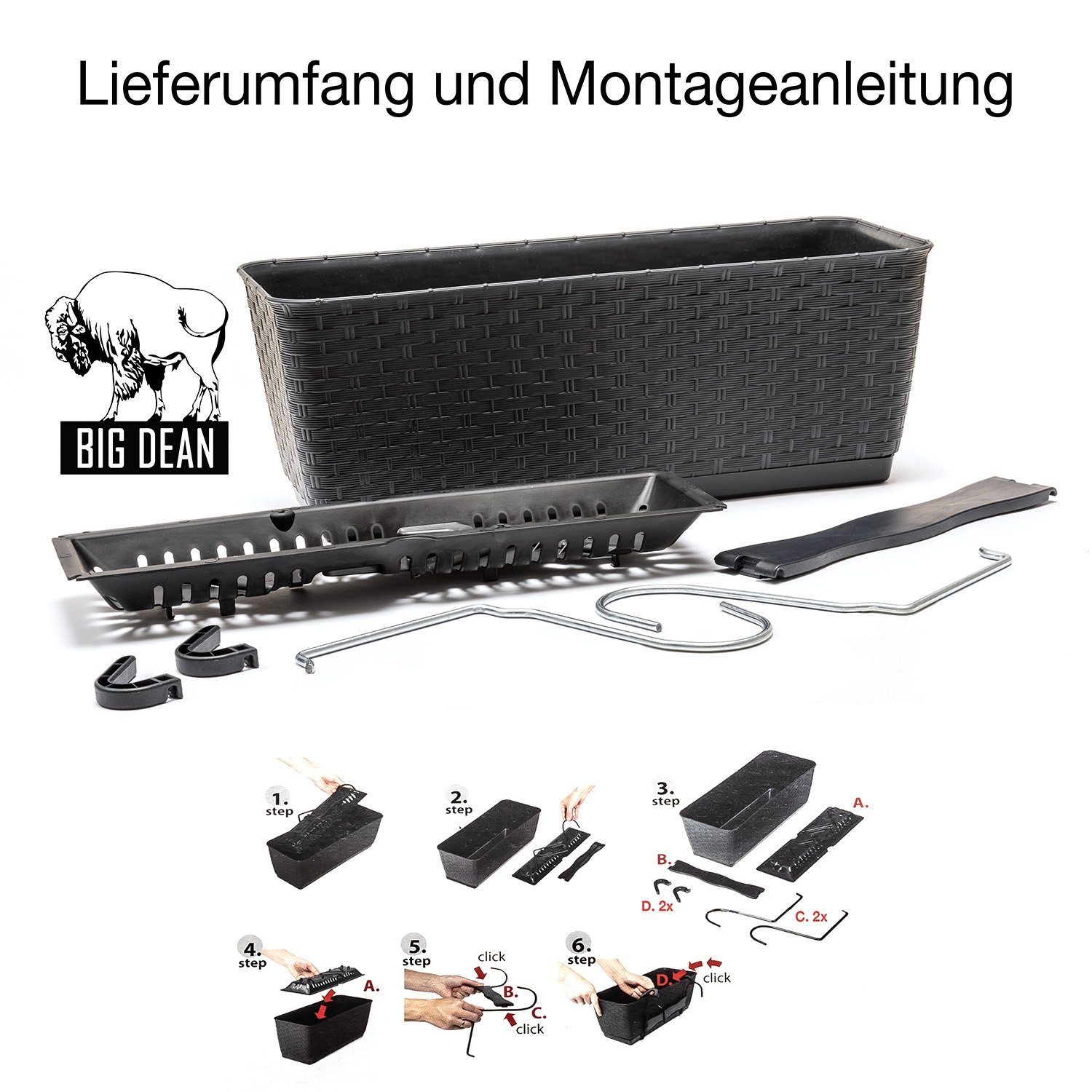 BigDean Blumenkasten 2x Bewässerungssystem + Halterung Rattan-Optik Anthrazit 39x15,5x14cm (Set, 2 St., Balkonkästen), Bruchfest, Bewässerungssystem, Wasserspei – Bild 4 von 5